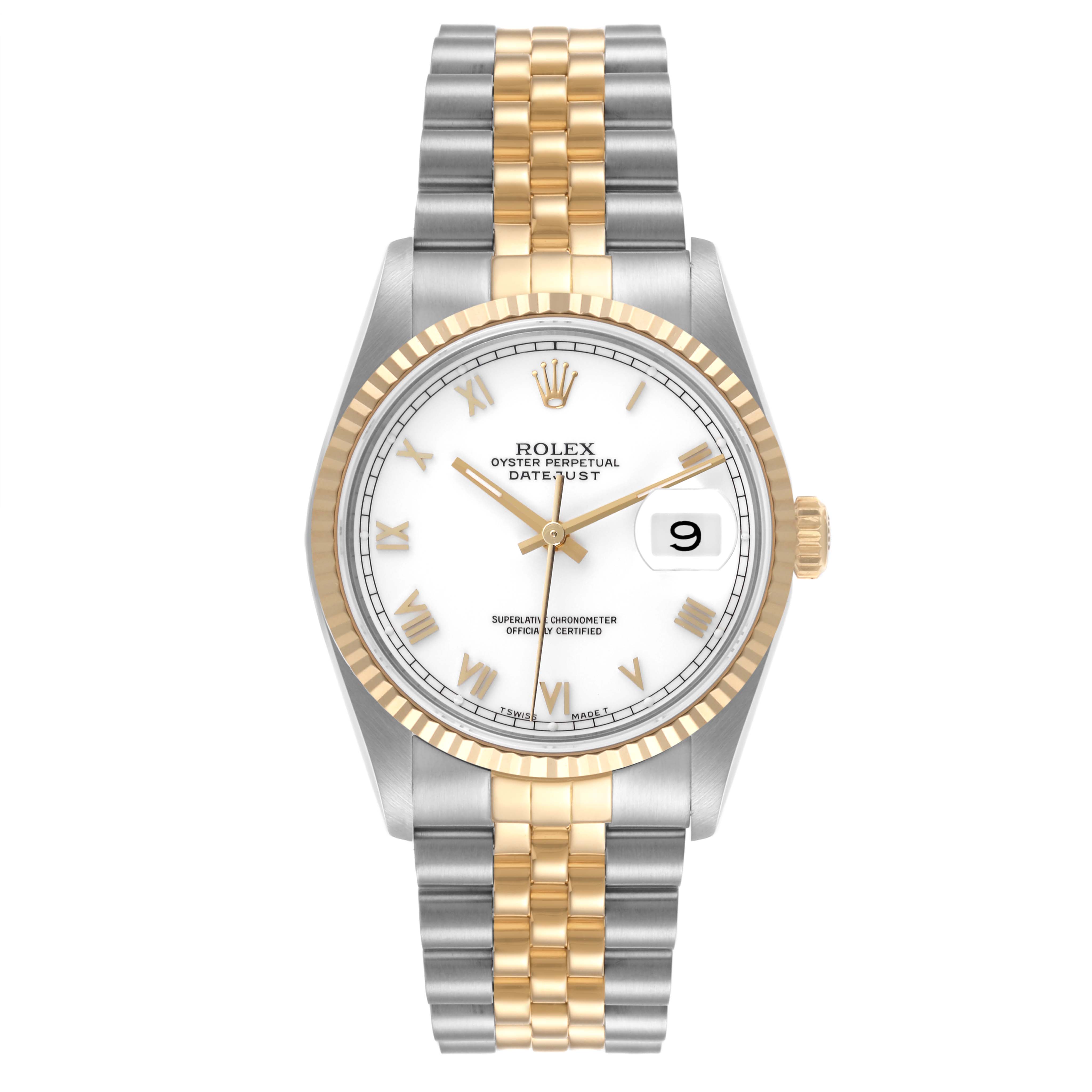 The Rolex Datejust 16233 Men's Steel and Gold (two tone) White Dial 16233 Men's Steel and Gold (two tone) White Dial watch is shown from a front angle, highlighting its face, bezel, and two-tone bracelet.