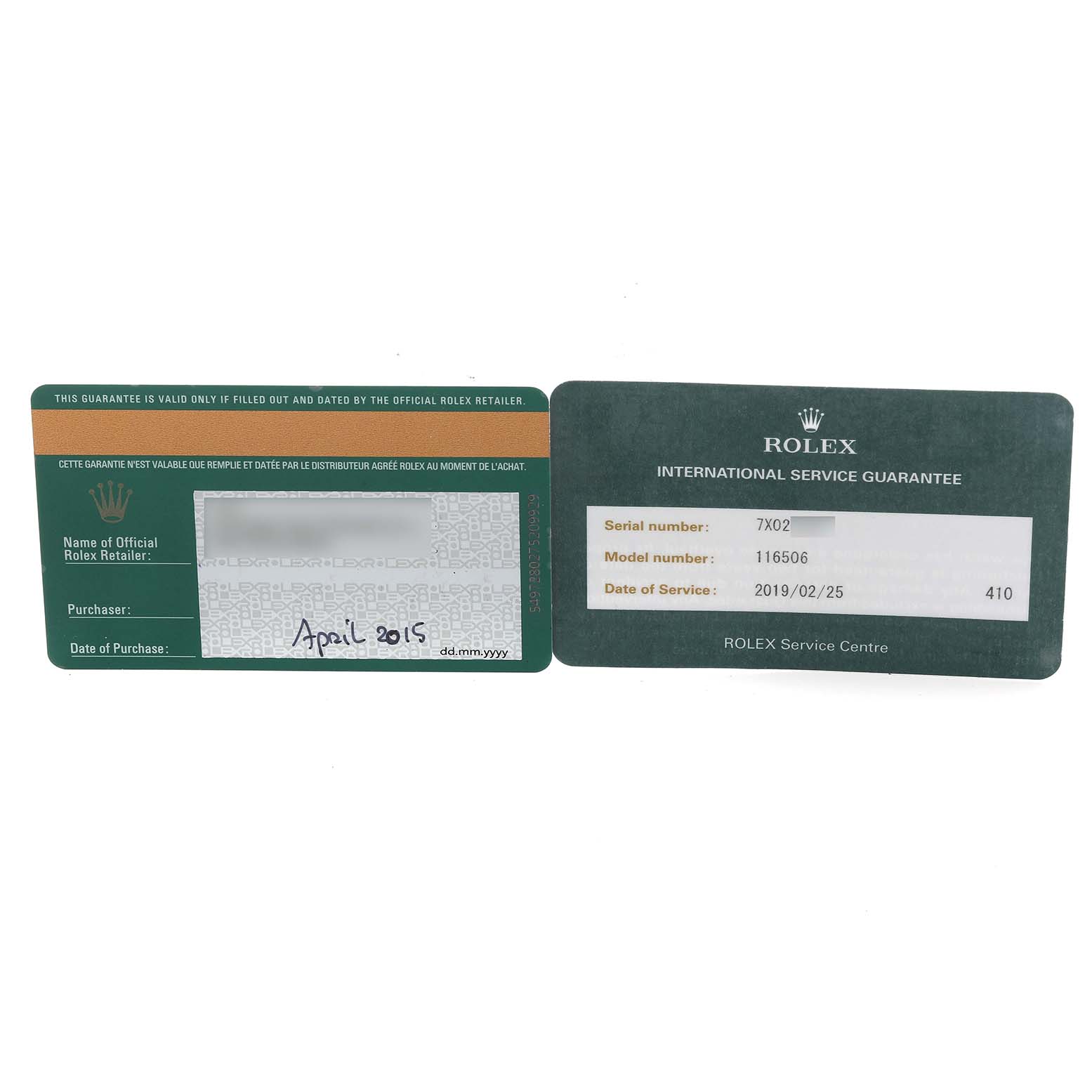 The image shows guarantee cards for a Rolex Daytona 116506 Men
s Platinum Blue Dial, detailing purchase and service information.