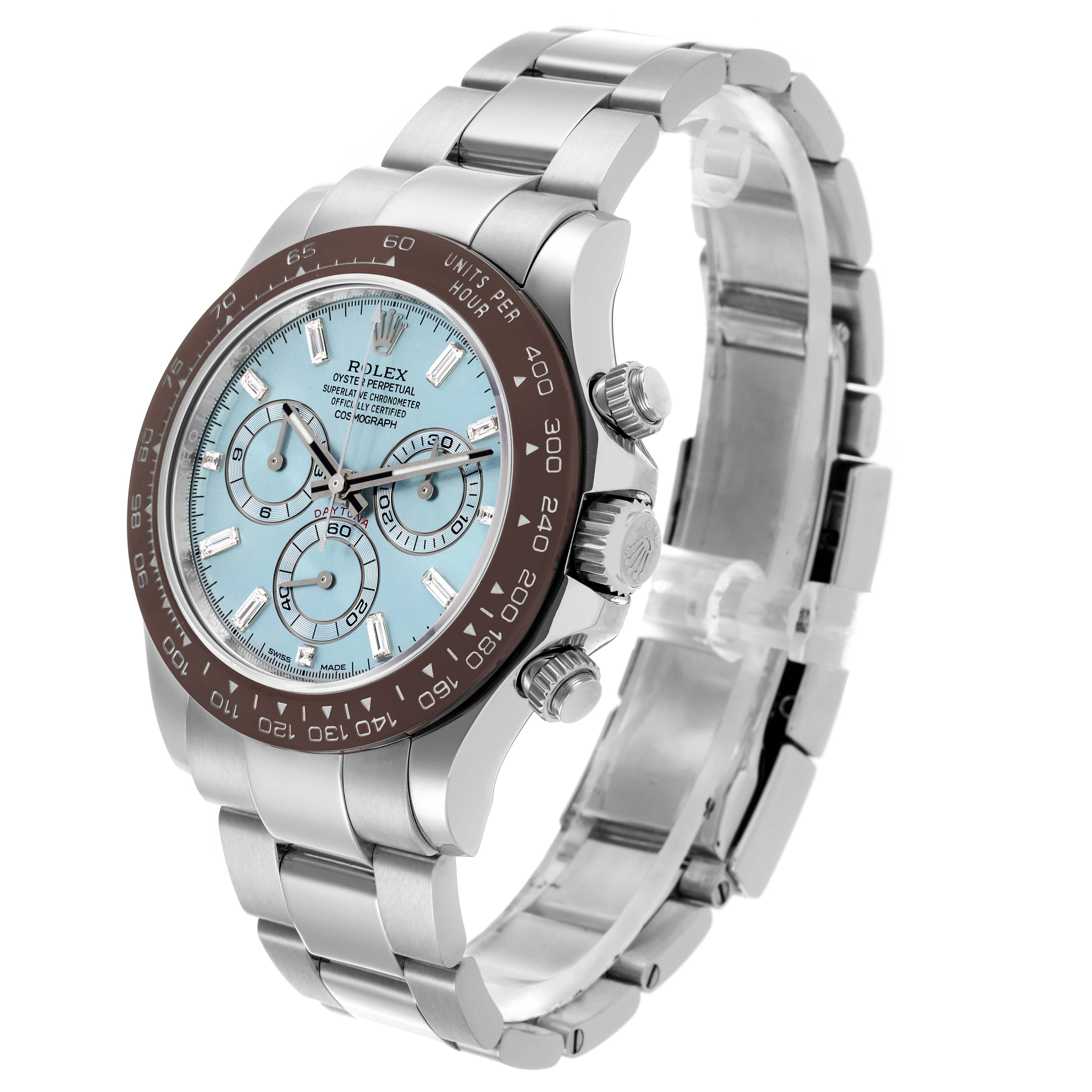 The Rolex Daytona 116506 Men
s Platinum Blue Dial watch is shown at a three-quarter angle, revealing the face, bezel, crown, and part of the bracelet.