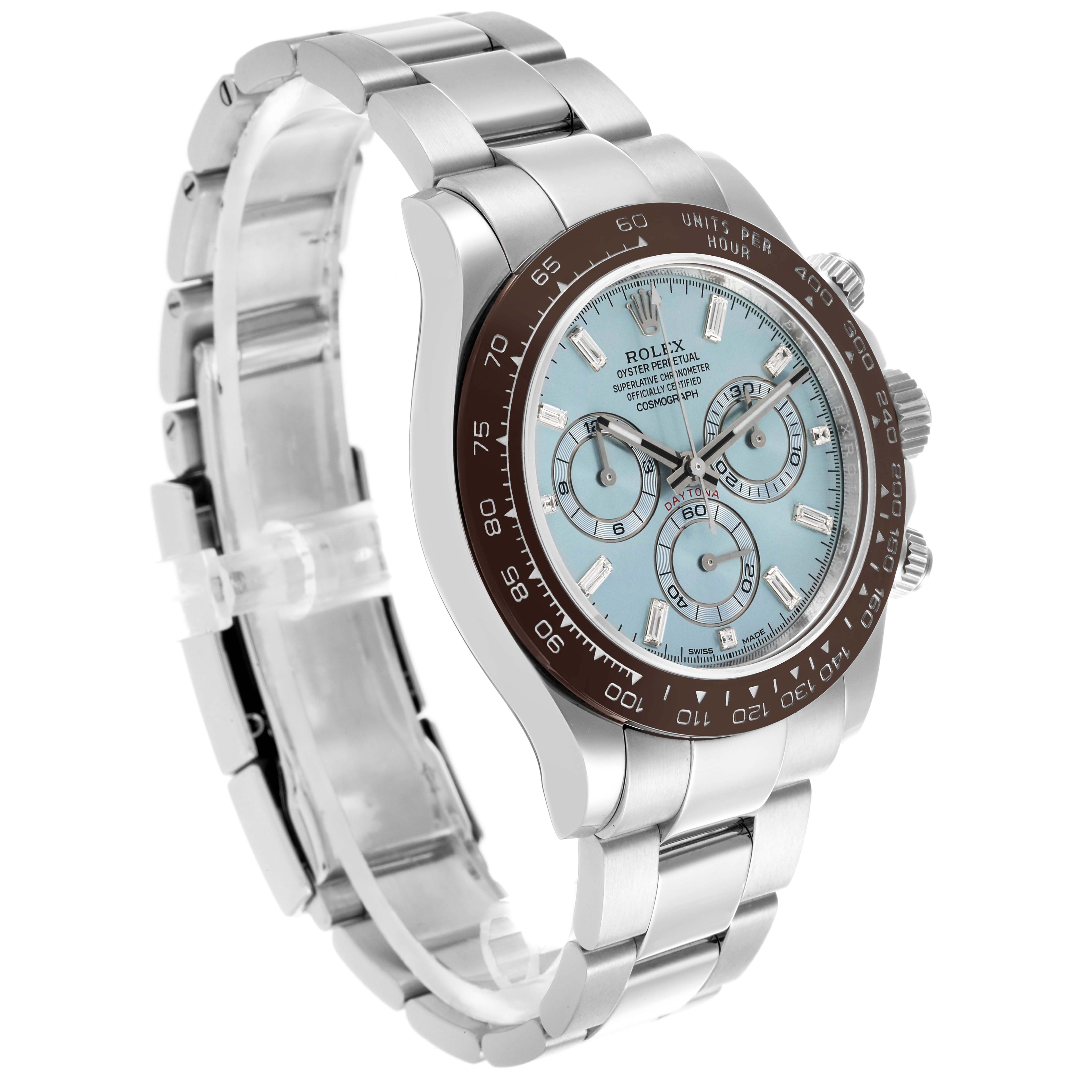 The Rolex Daytona 116506 Men
s Platinum Blue Dial watch is shown at a 3/4 angle, highlighting the face, bezel, crown, and part of the bracelet.