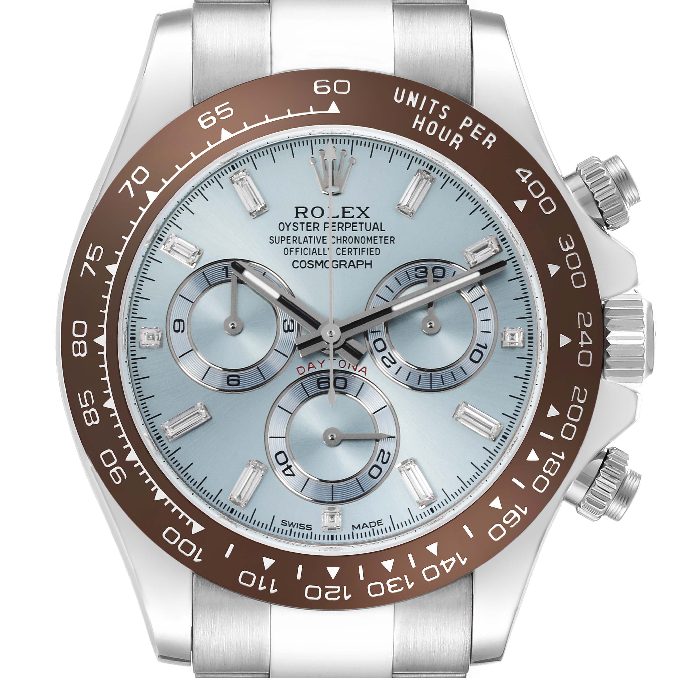 The image shows a close-up of the Rolex Daytona 116506 Men
s Platinum Blue Dial watch, highlighting its dial, bezel, and pushers.