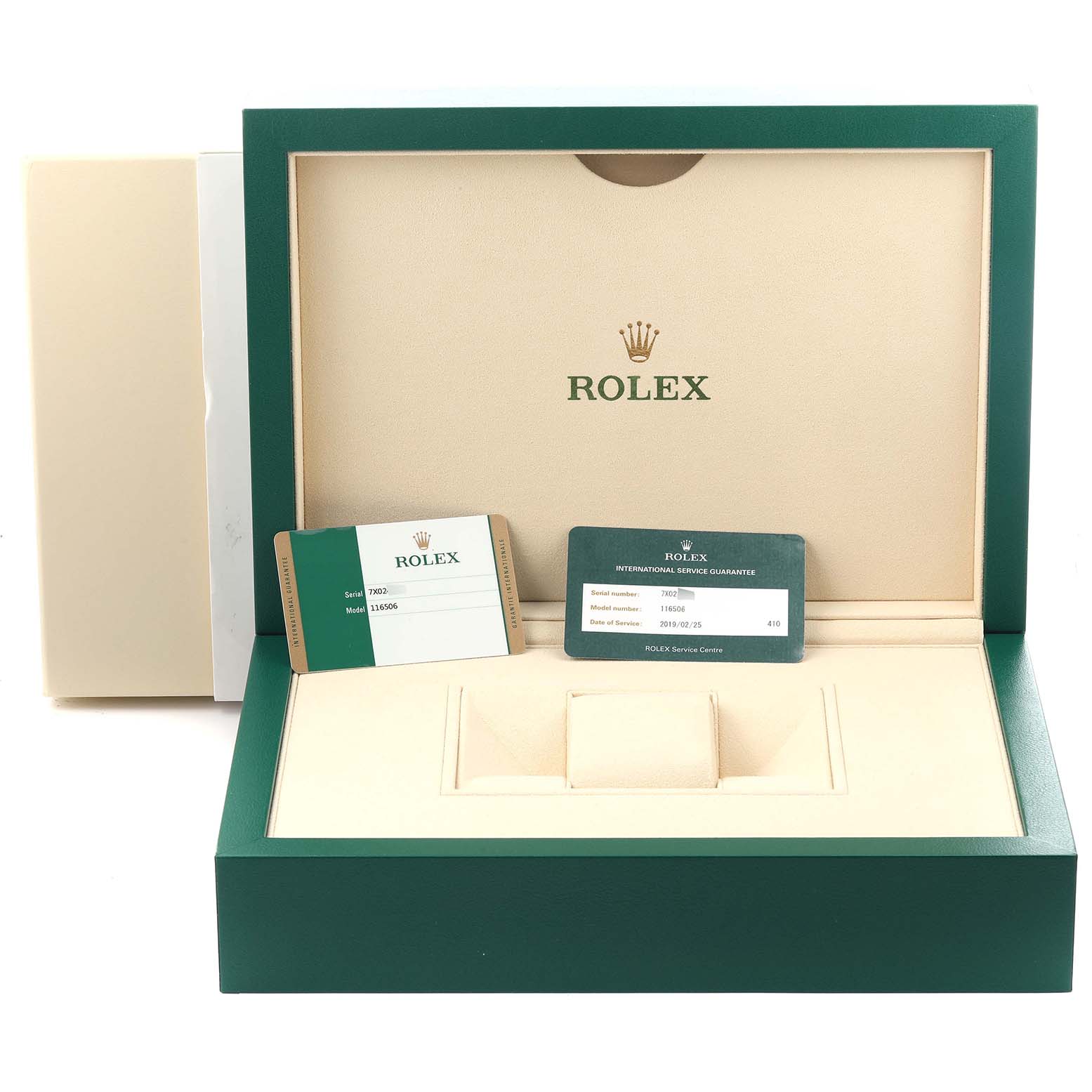 The image shows a Rolex Daytona 116506 Men
s Platinum Blue Dial box showcasing its interior, with guarantee and service cards placed inside.