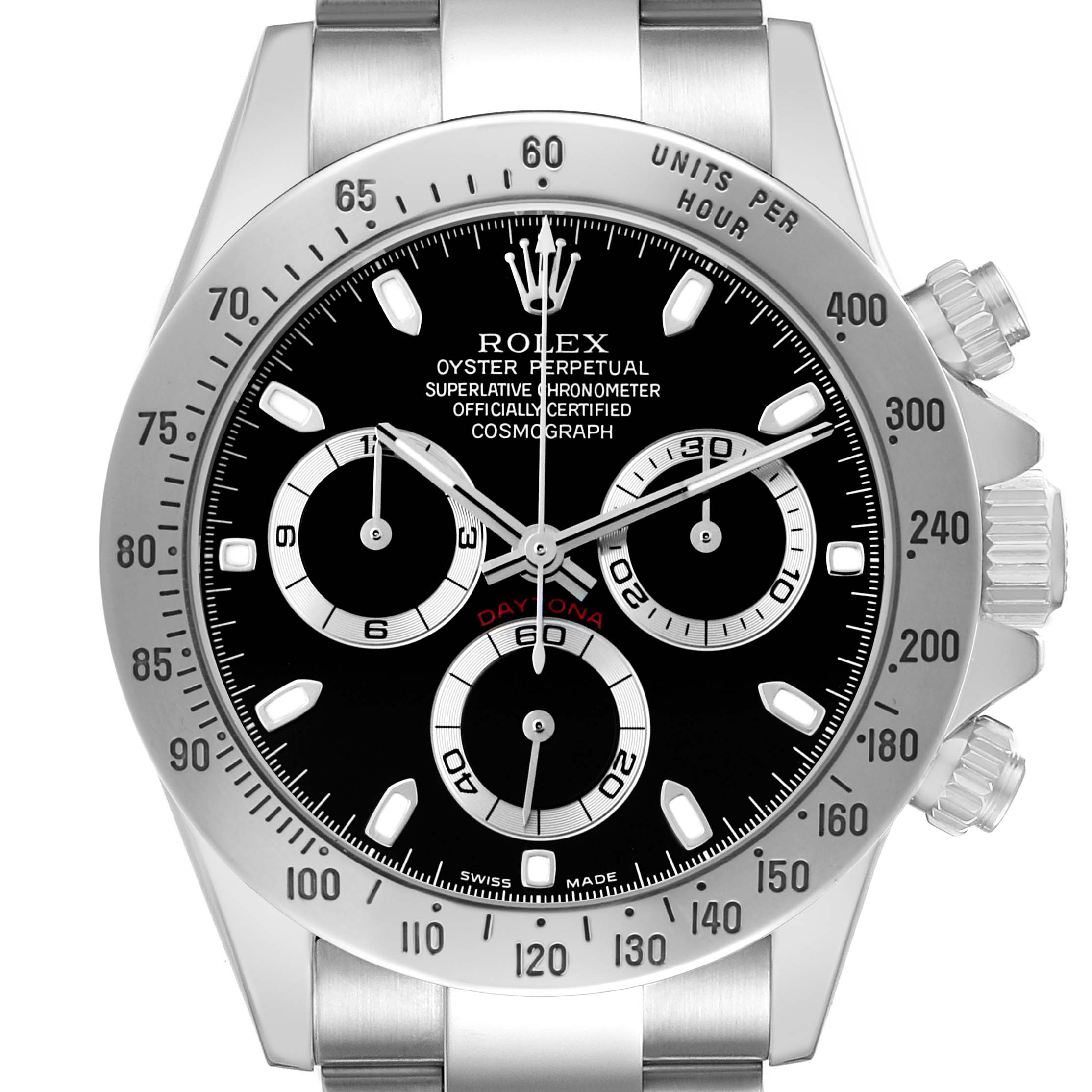 The Rolex Daytona 116520 Men's Stainless Steel Black Dial watch is shown from the front, highlighting the black dial, subdials, bezel, and part of the bracelet.