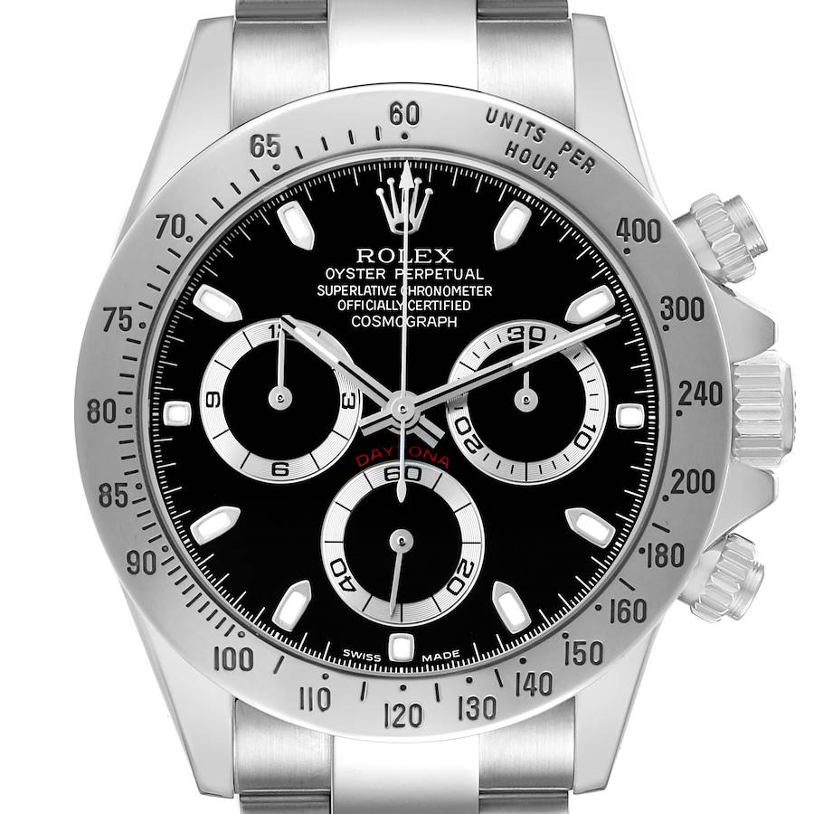 The Rolex Daytona 116520 Men's Stainless Steel Black Dial watch is shown from the front, highlighting the black dial, subdials, bezel, and part of the bracelet.