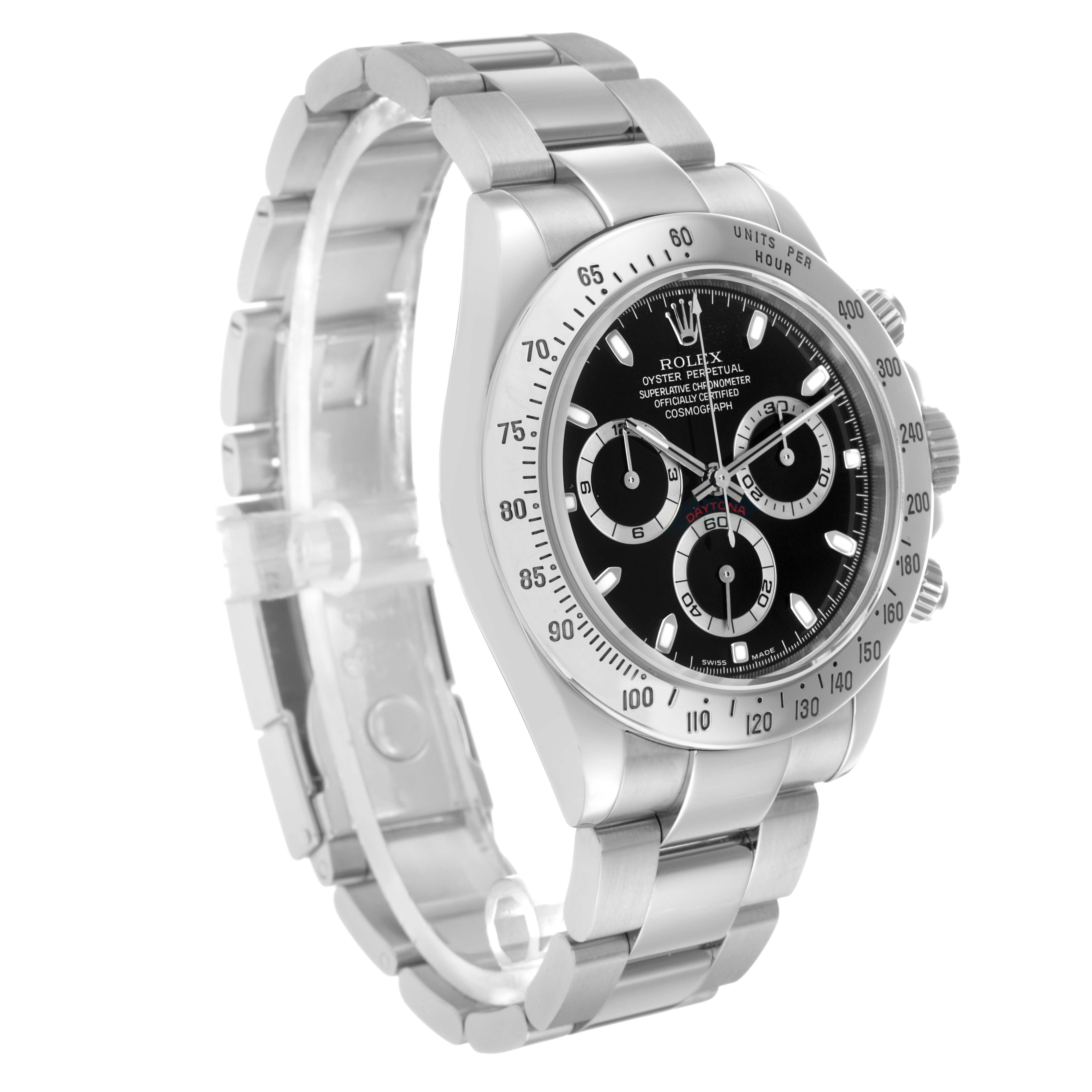 The Rolex Daytona 116520 Men's Stainless Steel Black Dial watch is shown at a three-quarter angle, highlighting the face, bezel, and bracelet.
