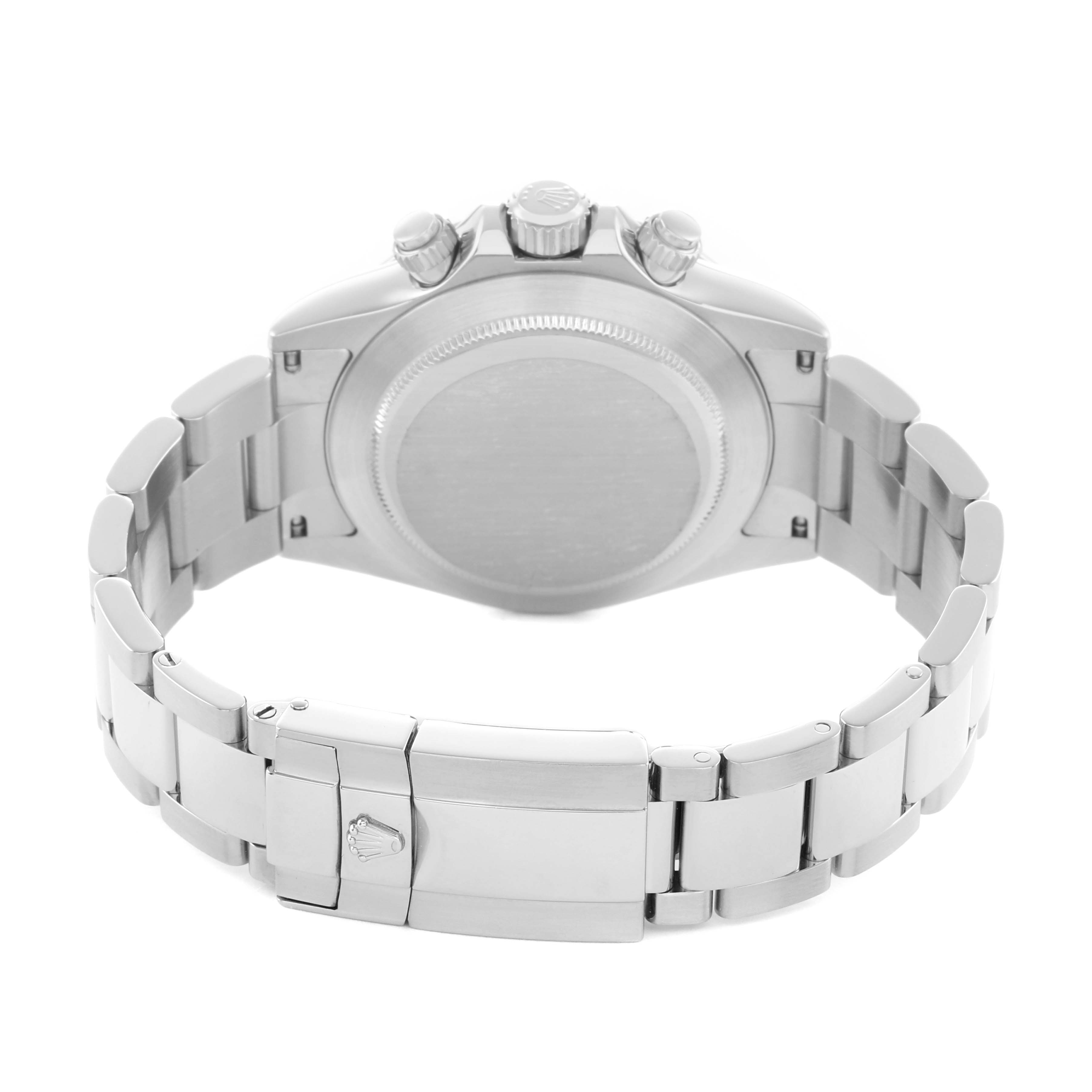 The image shows the back and bracelet of a Rolex Daytona 116520 Men's Stainless Steel Black Dial, highlighting the case back, clasp, and pushers from a rear angle.