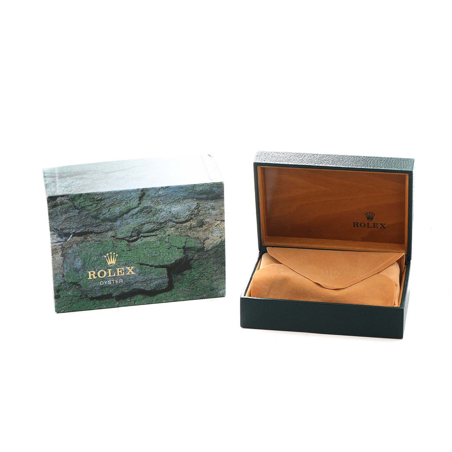 The Rolex Daytona 116520 Men's Stainless Steel Black Dial watch accessories are shown from the front, including a closed textured box and an open display box with a suede interior.