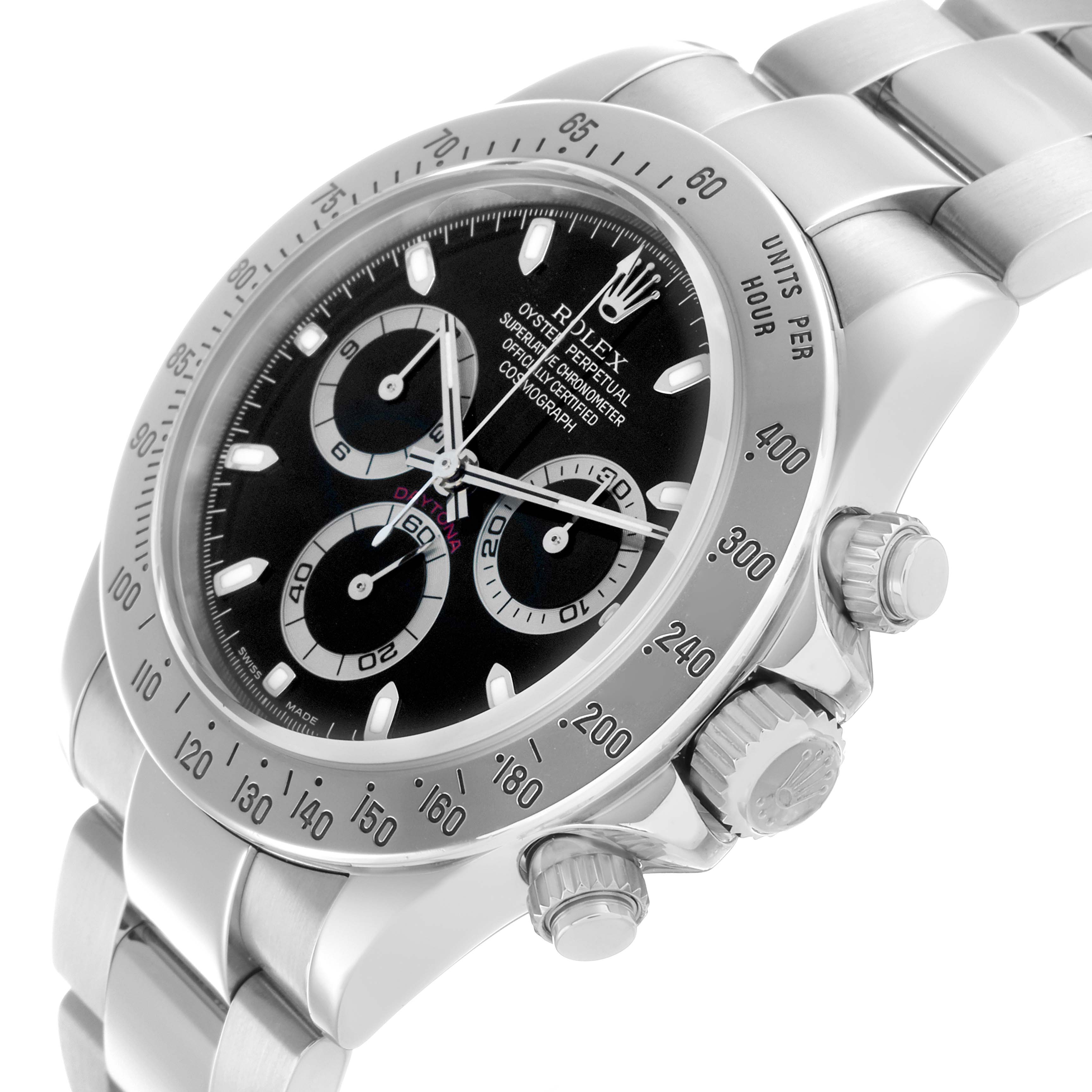 The Rolex Daytona 116520 Men's Stainless Steel Black Dial watch is shown at a three-quarter angle highlighting the face, bezel, and side pushers.