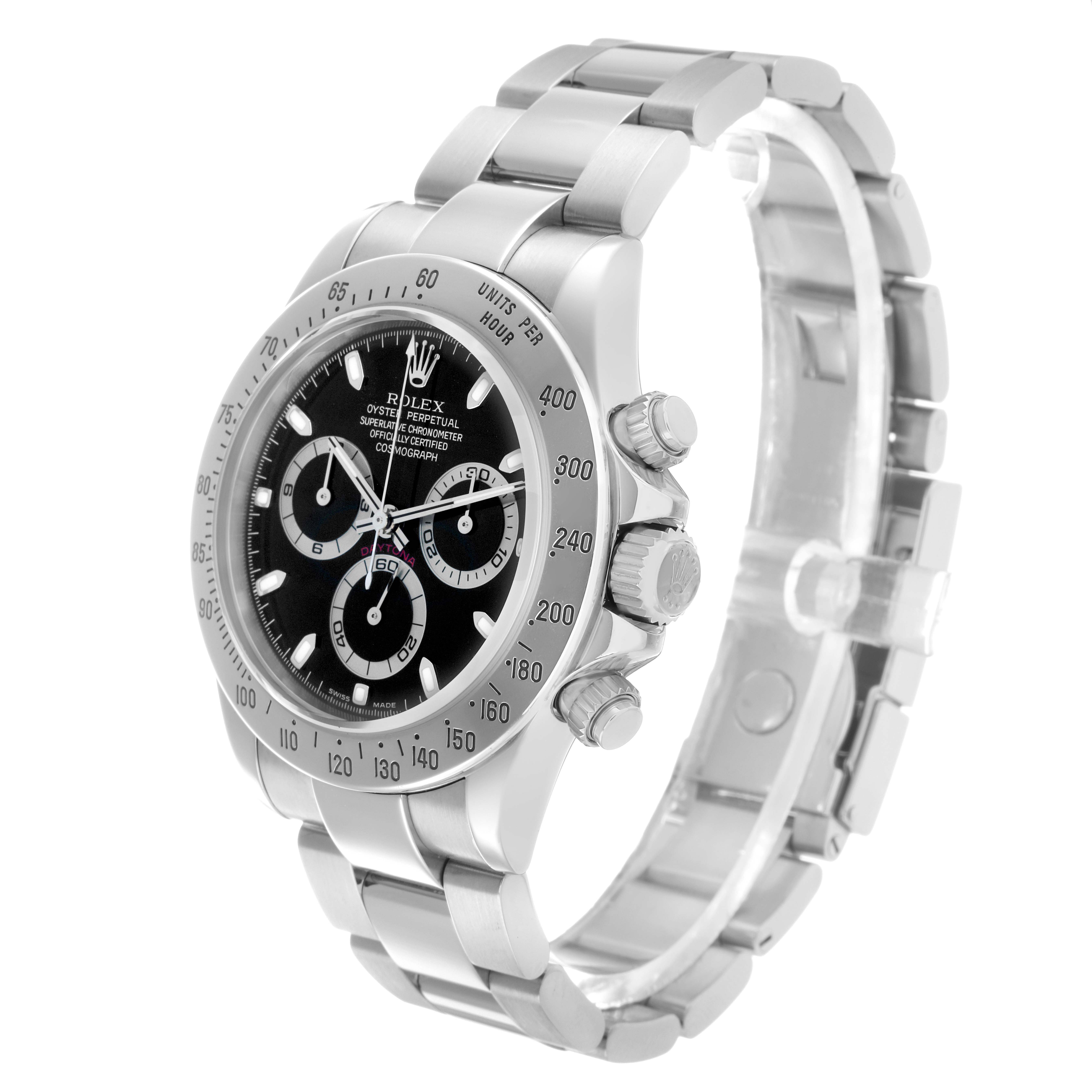 The Rolex Daytona 116520 Men's Stainless Steel Black Dial watch is shown at a three-quarter angle, highlighting the face, bezel, pushers, and bracelet.
