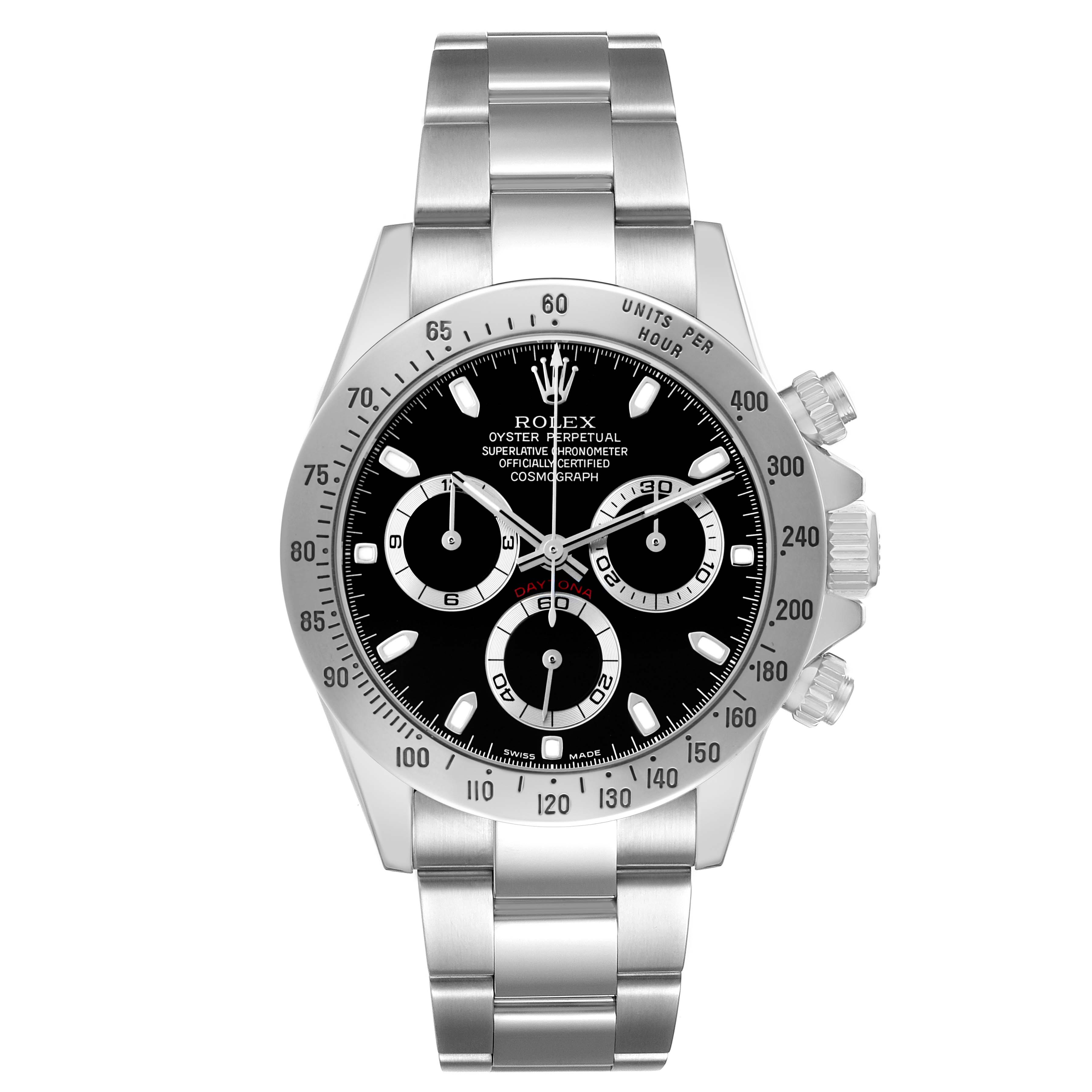 The Rolex Daytona 116520 Men's Stainless Steel Black Dial watch is shown from a frontal angle, highlighting the dial, bezel, and part of the bracelet.