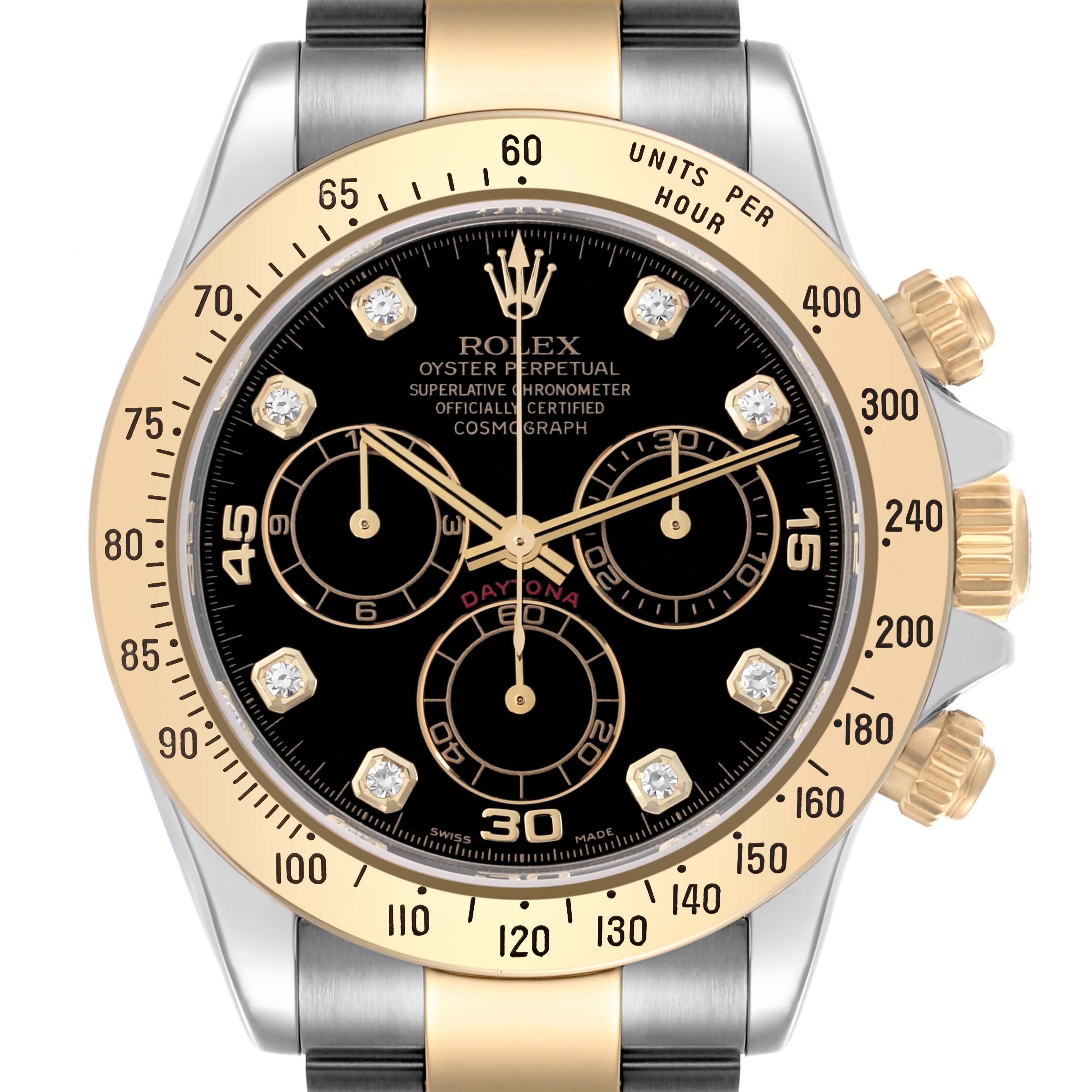 The Rolex Daytona 116523 Men's Steel and Gold (two tone) Black Dial 116523 Men's Steel and Gold (two tone) Black Dial watch is shown from a front angle, highlighting the bezel, dial, and crown.