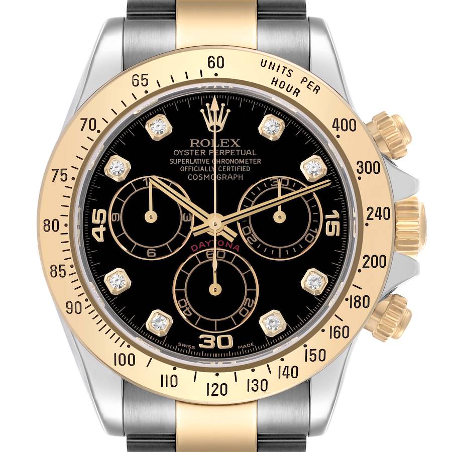 The Rolex Daytona watch is shown from a front angle, highlighting the bezel, dial, and crown.