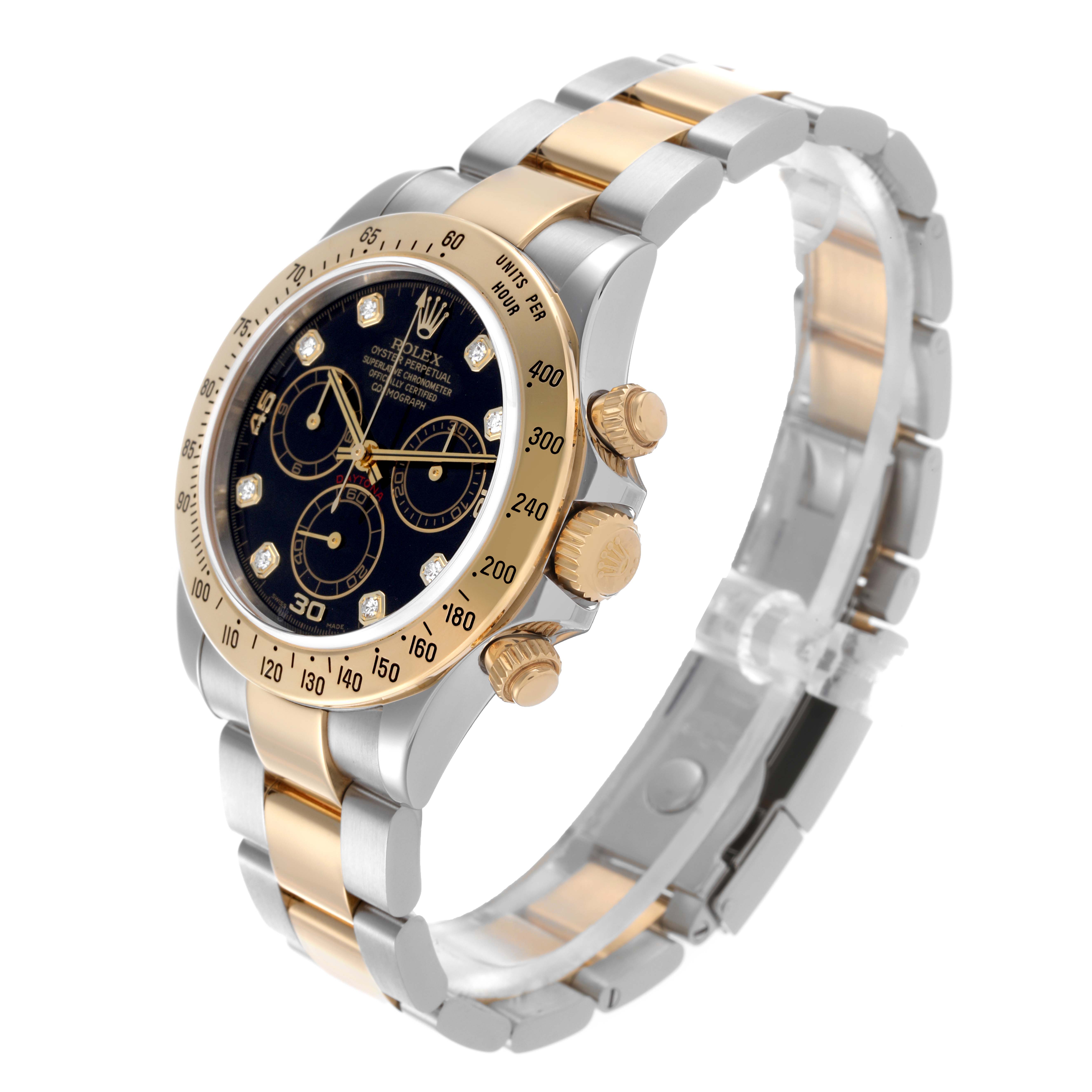 The image shows a side angle of the Rolex Daytona 116523 Men's Steel and Gold (two tone) Black Dial 116523 Men's Steel and Gold (two tone) Black Dial, highlighting the bezel, dials, and bracelet.