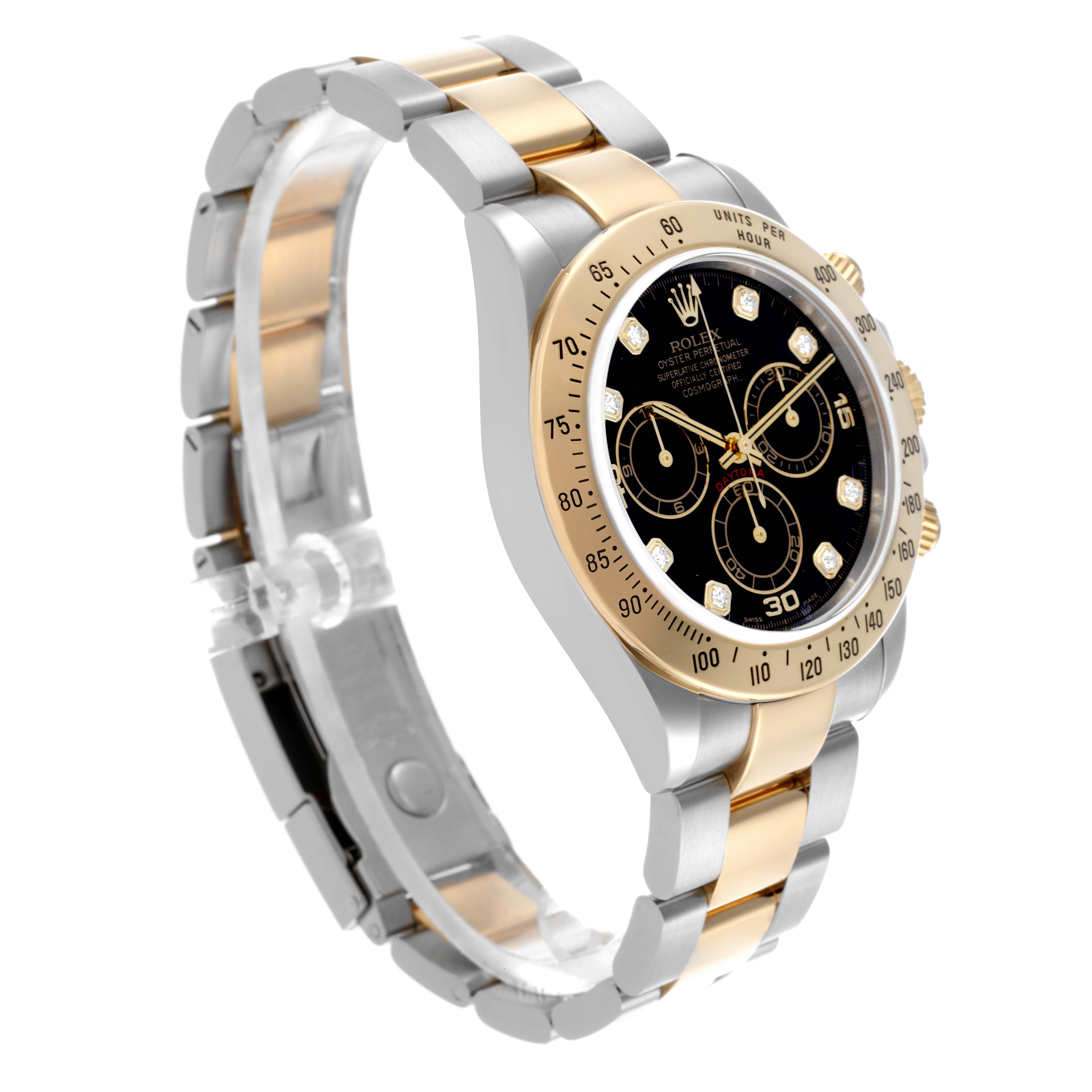 The Rolex Daytona 116523 Men's Steel and Gold (two tone) Black Dial 116523 Men's Steel and Gold (two tone) Black Dial watch is shown at an angled side view, highlighting the bracelet, bezel, and dial.