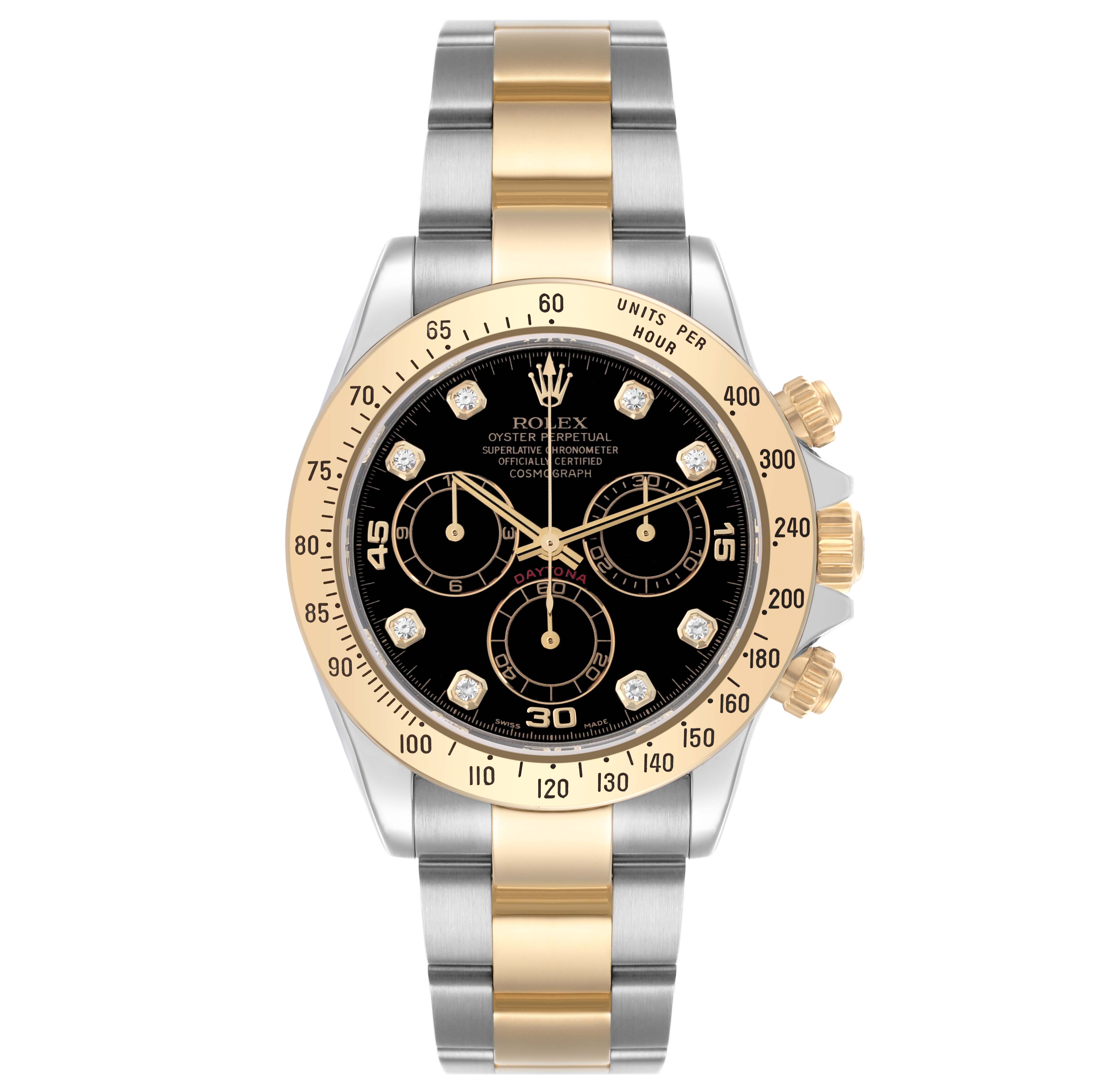 The Rolex Daytona 116523 Men's Steel and Gold (two tone) Black Dial 116523 Men's Steel and Gold (two tone) Black Dial watch is shown from a front view, displaying its two-tone case, black dial, and gold bezel.