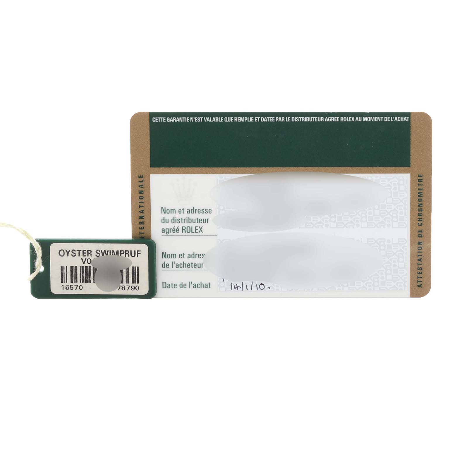 The image shows warranty and Best Quality
ity cards for a Rolex Explorer 16570T Men
s Stainless Steel Black Dial 16570T Men
s Stainless Steel Black Dial watch, viewed from above.