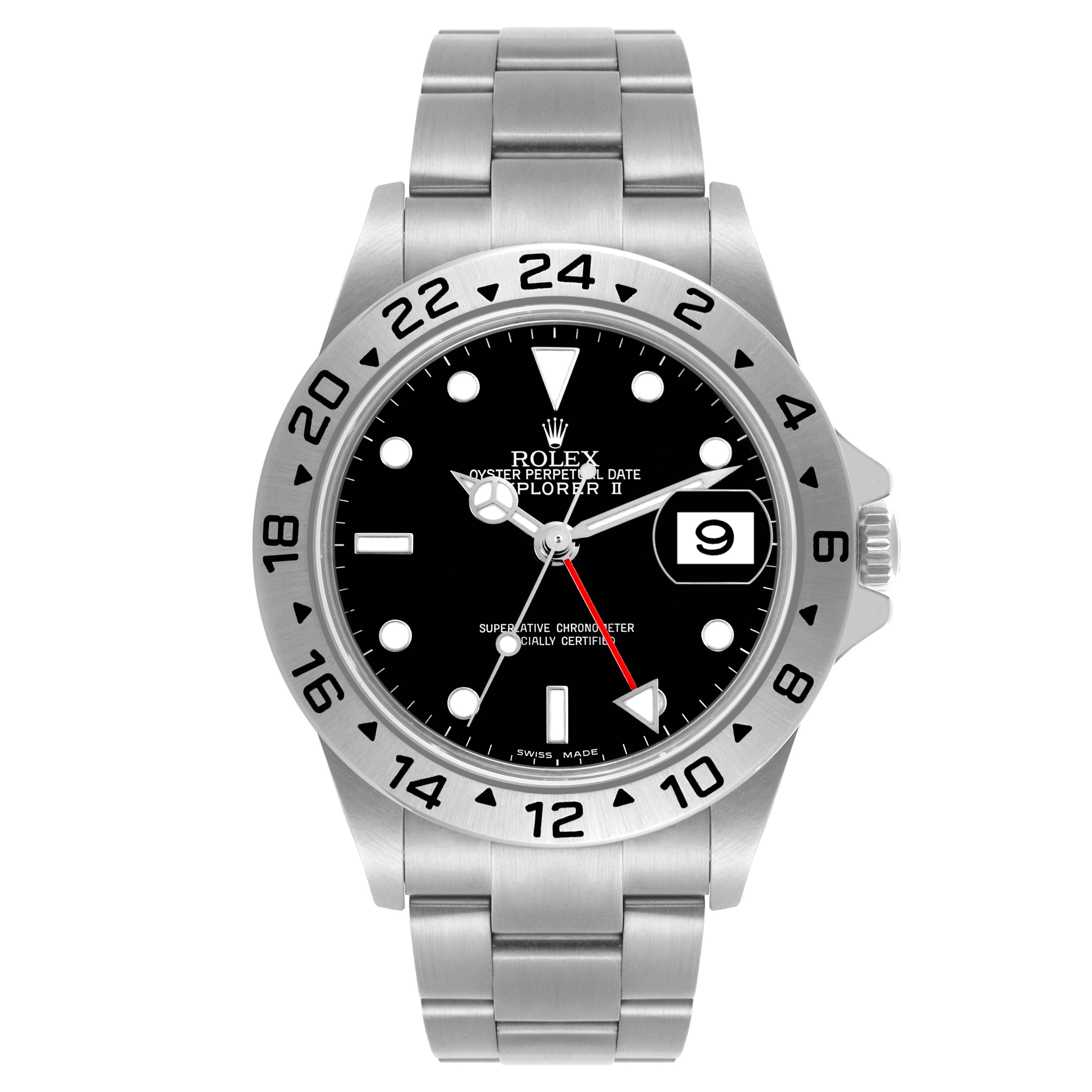The Rolex Explorer 16570T Men
s Stainless Steel Black Dial 16570T Men
s Stainless Steel Black Dial model watch is shown from a front angle, displaying its face, bezel, bracelet, and date feature.
