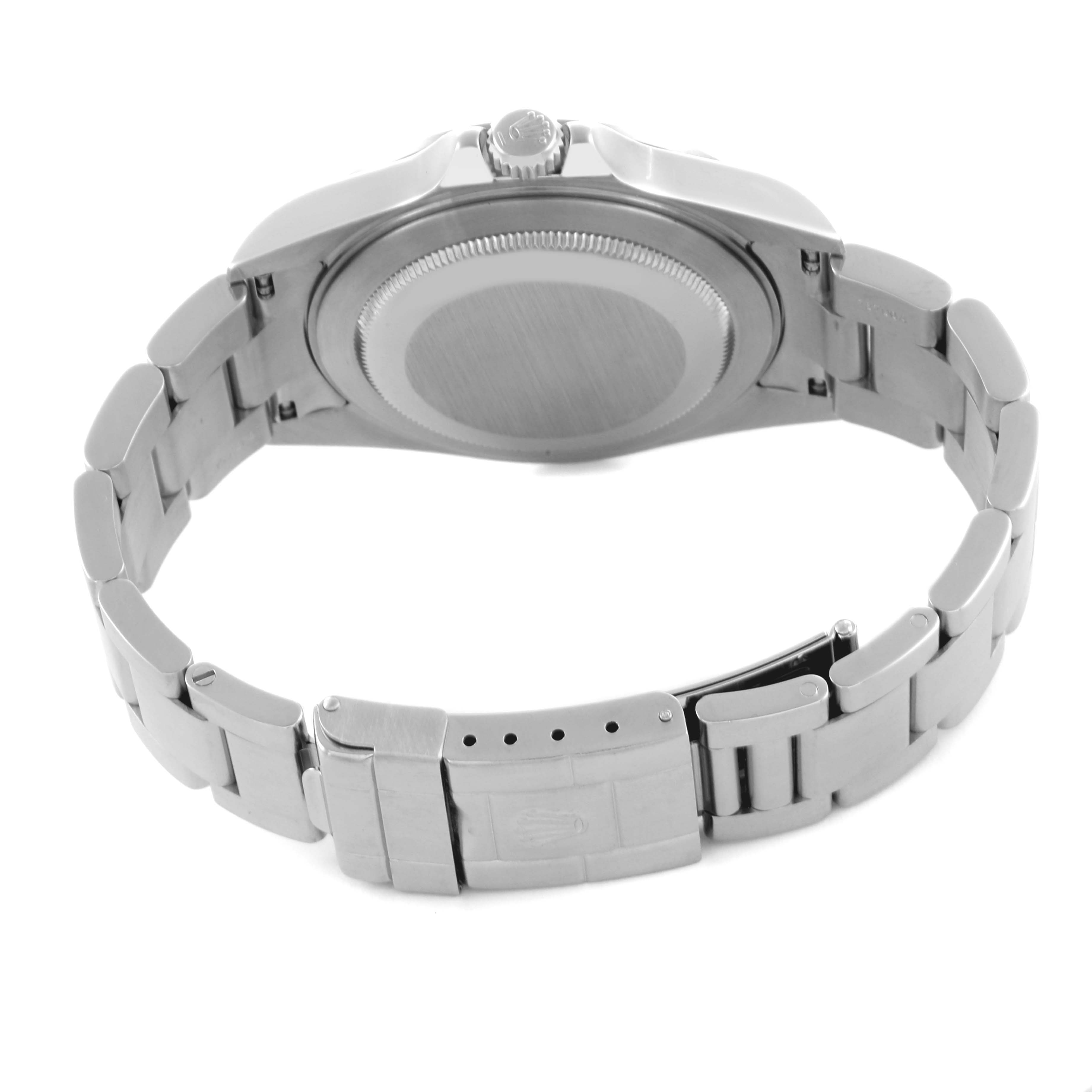 The image shows the back of the Rolex Explorer 16570T Men
s Stainless Steel Black Dial 16570T Men
s Stainless Steel Black Dial watch, highlighting the case back, bracelet, and clasp.