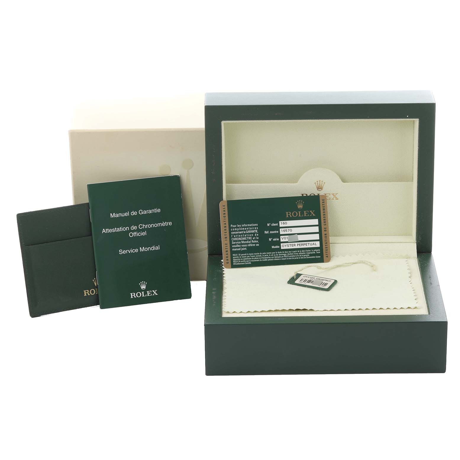 The image shows the packaging and warranty cards for a Rolex Explorer 16570T Men
s Stainless Steel Black Dial 16570T Men
s Stainless Steel Black Dial watch.