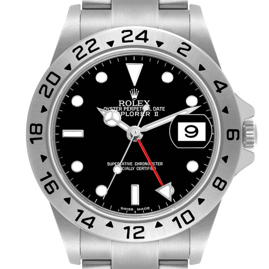 The Rolex Explorer model is shown from a front angle, highlighting the dial, bezel, and part of the bracelet.