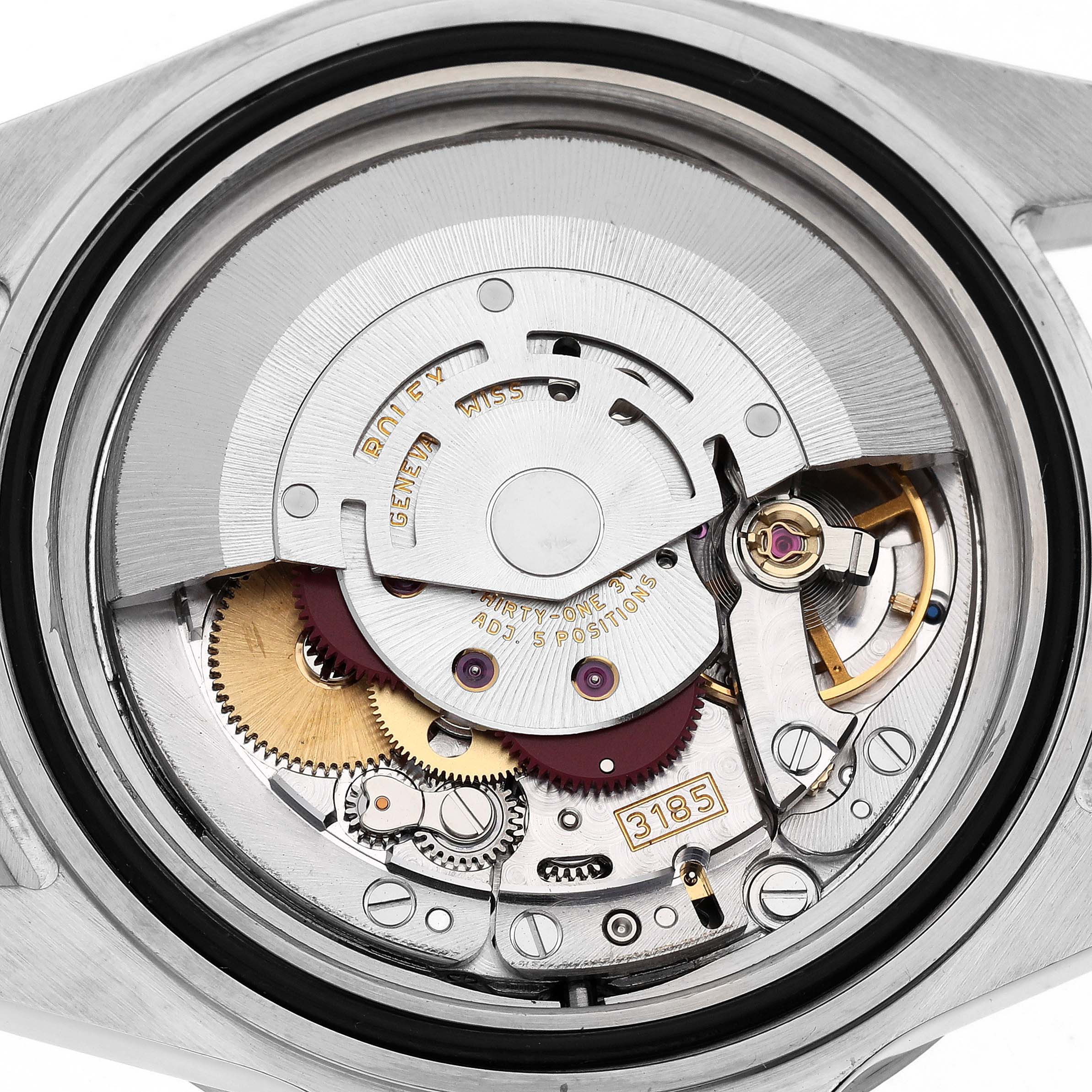 The image shows the movement mechanism of the Rolex Explorer 16570 Men's Stainless Steel White Dial 16570 Men's Stainless Steel White Dial watch from the back angle.