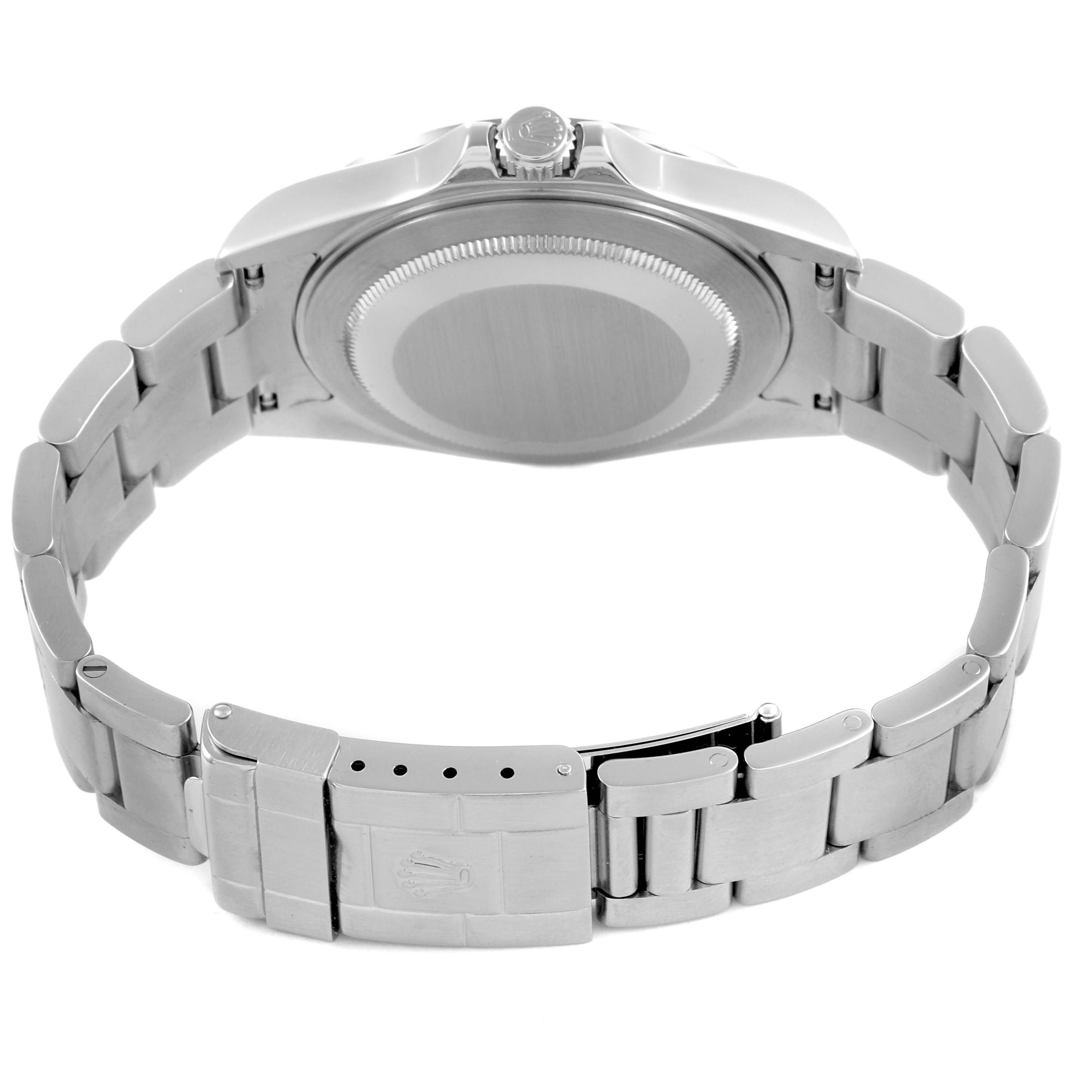 The image shows the back and sides of a Rolex Explorer 16570 Men's Stainless Steel White Dial 16570 Men's Stainless Steel White Dial, highlighting the clasp, bracelet, and case back.