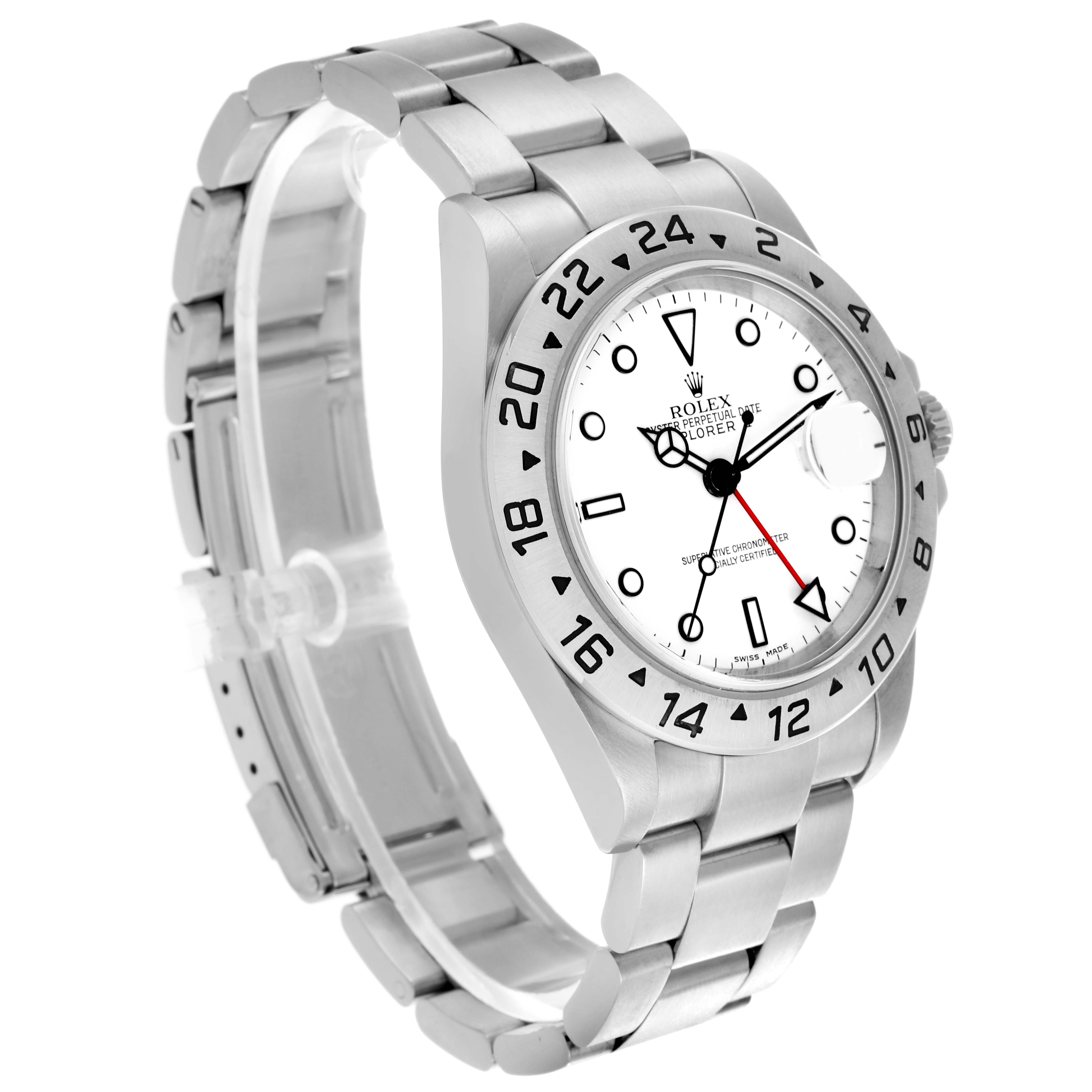 The Rolex Explorer 16570 Men's Stainless Steel White Dial 16570 Men's Stainless Steel White Dial watch is shown at a slight angle, highlighting the bezel, dial, bracelet, and side profile.
