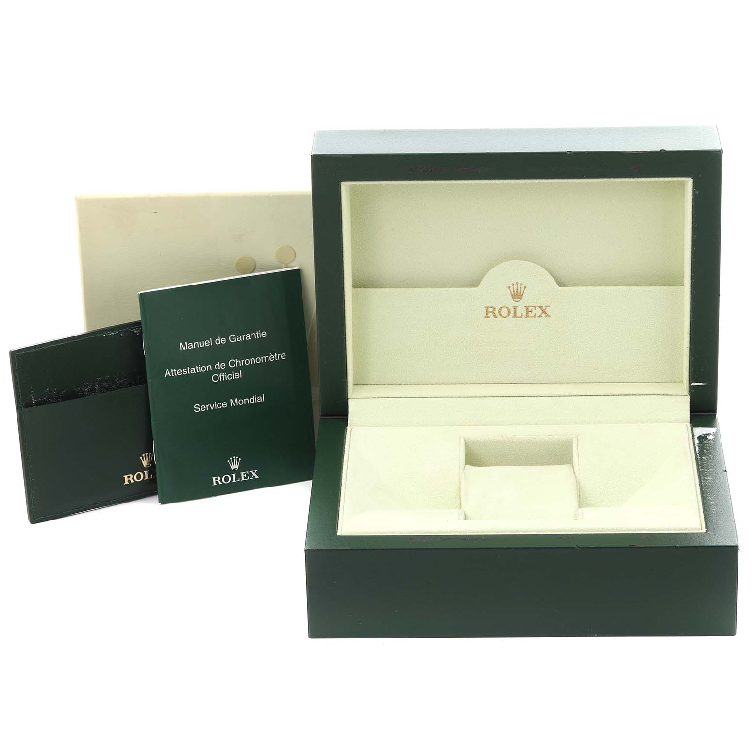 The image shows an open Rolex Explorer 16570 Men's Stainless Steel White Dial 16570 Men's Stainless Steel White Dial box with manuals and warranty cards beside it.