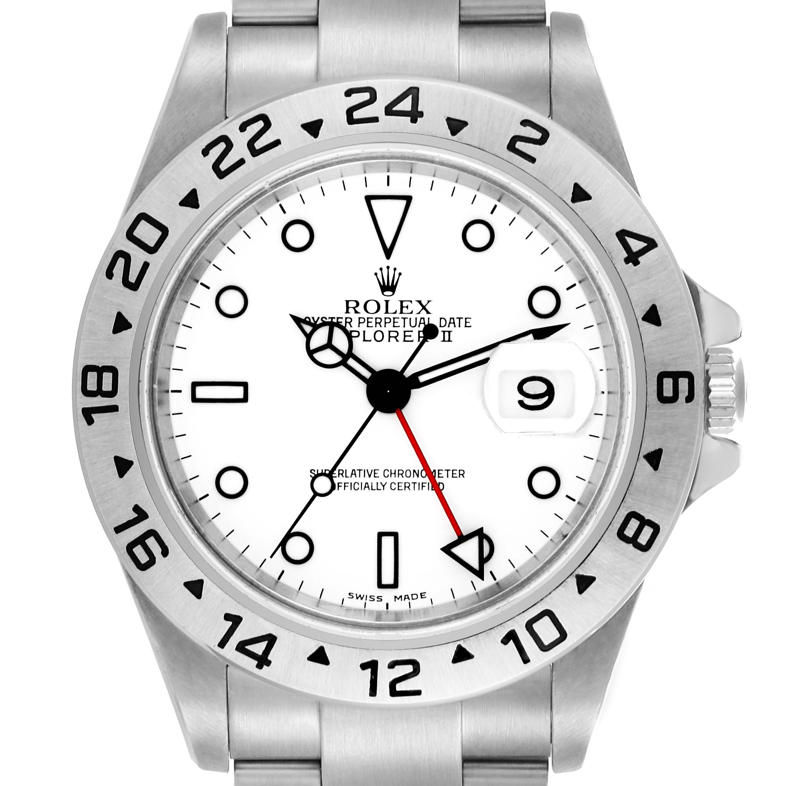 The Rolex Explorer 16570 Men's Stainless Steel White Dial 16570 Men's Stainless Steel White Dial model is shown from the front, displaying the dial, hands, bezel, and part of the bracelet.