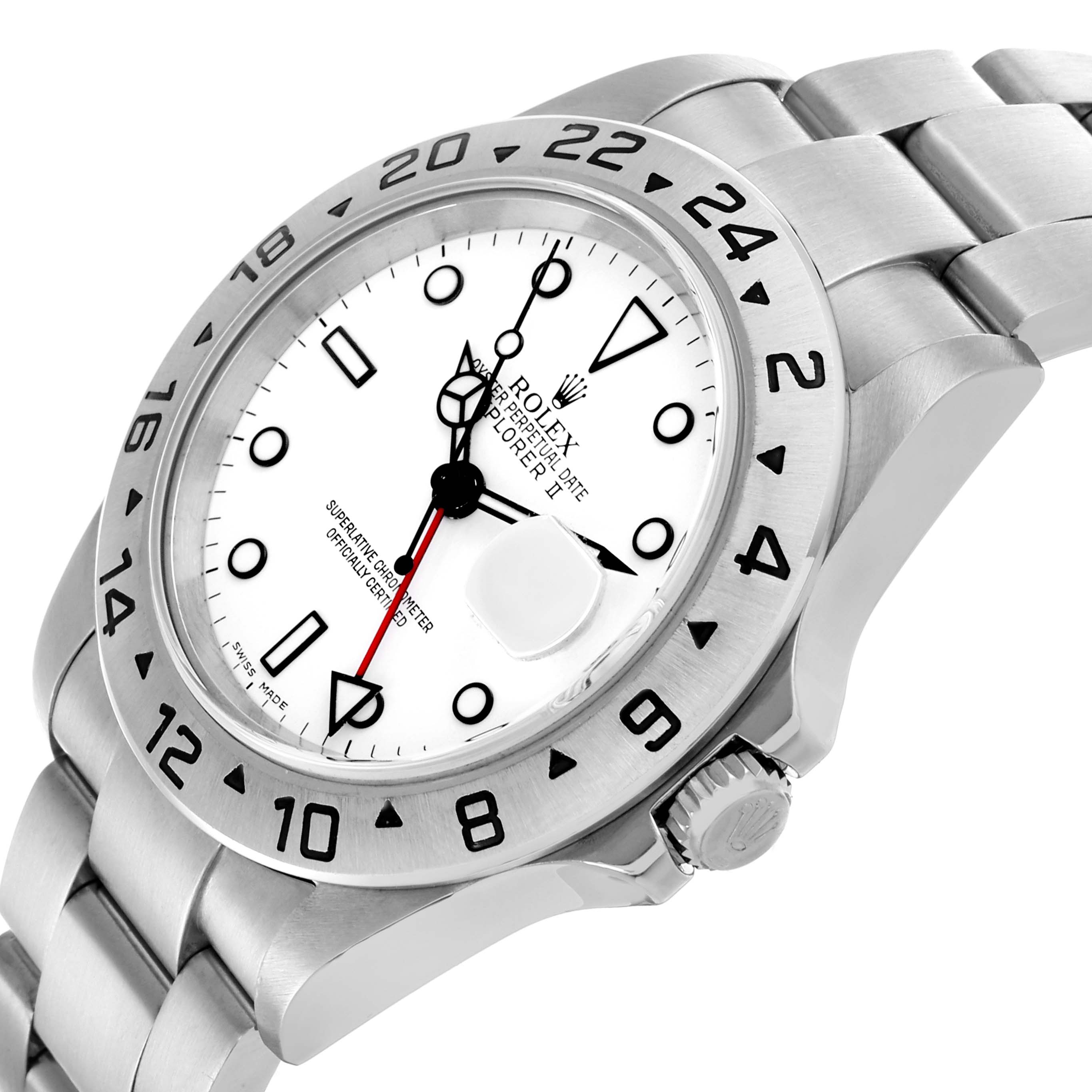 The Rolex Explorer 16570 Men's Stainless Steel White Dial 16570 Men's Stainless Steel White Dial watch is shown at an angle highlighting the dial, bezel, crown, and part of the bracelet.