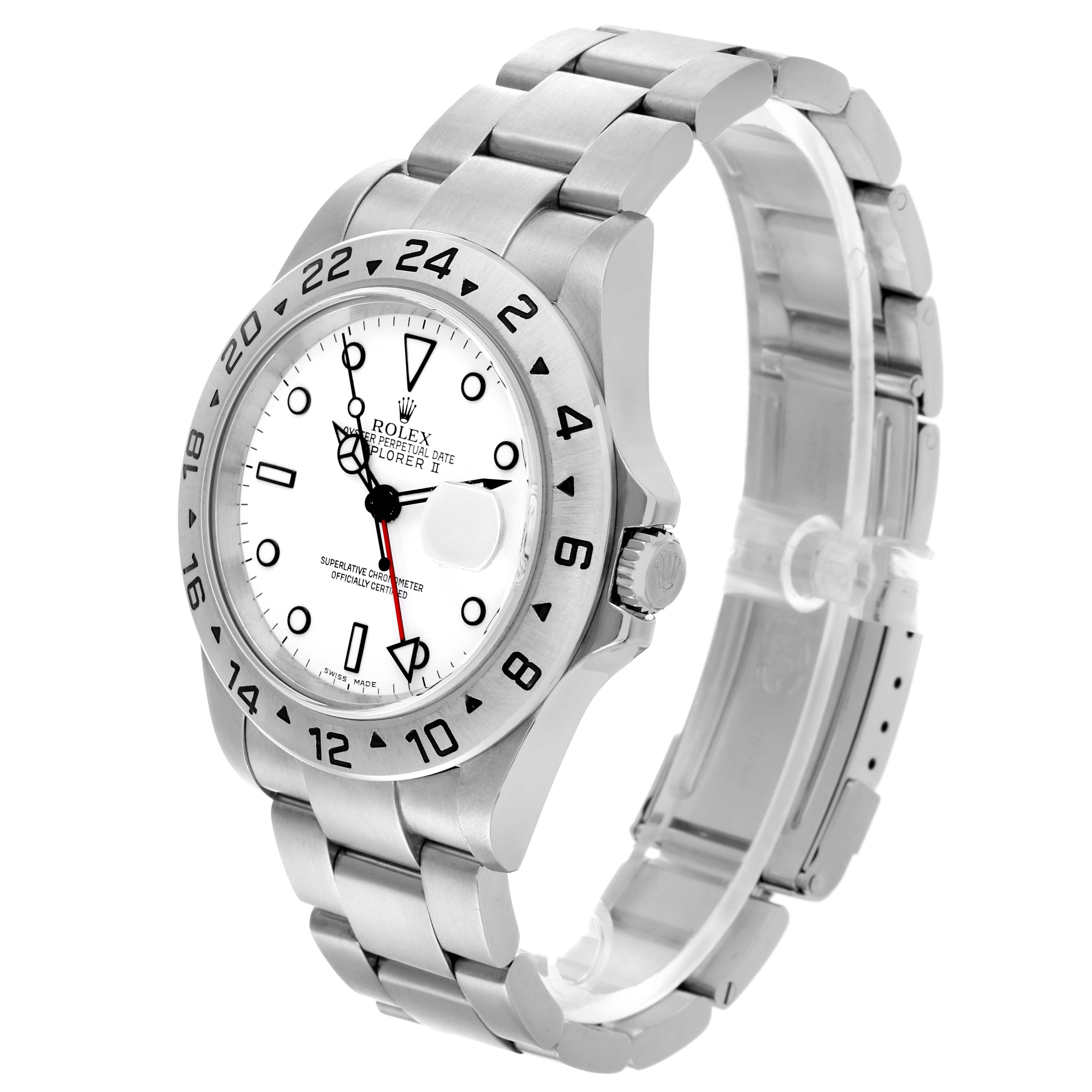 This Rolex Explorer 16570 Men's Stainless Steel White Dial 16570 Men's Stainless Steel White Dial watch is shown at a three-quarter angle, highlighting its face, bezel, crown, and bracelet.