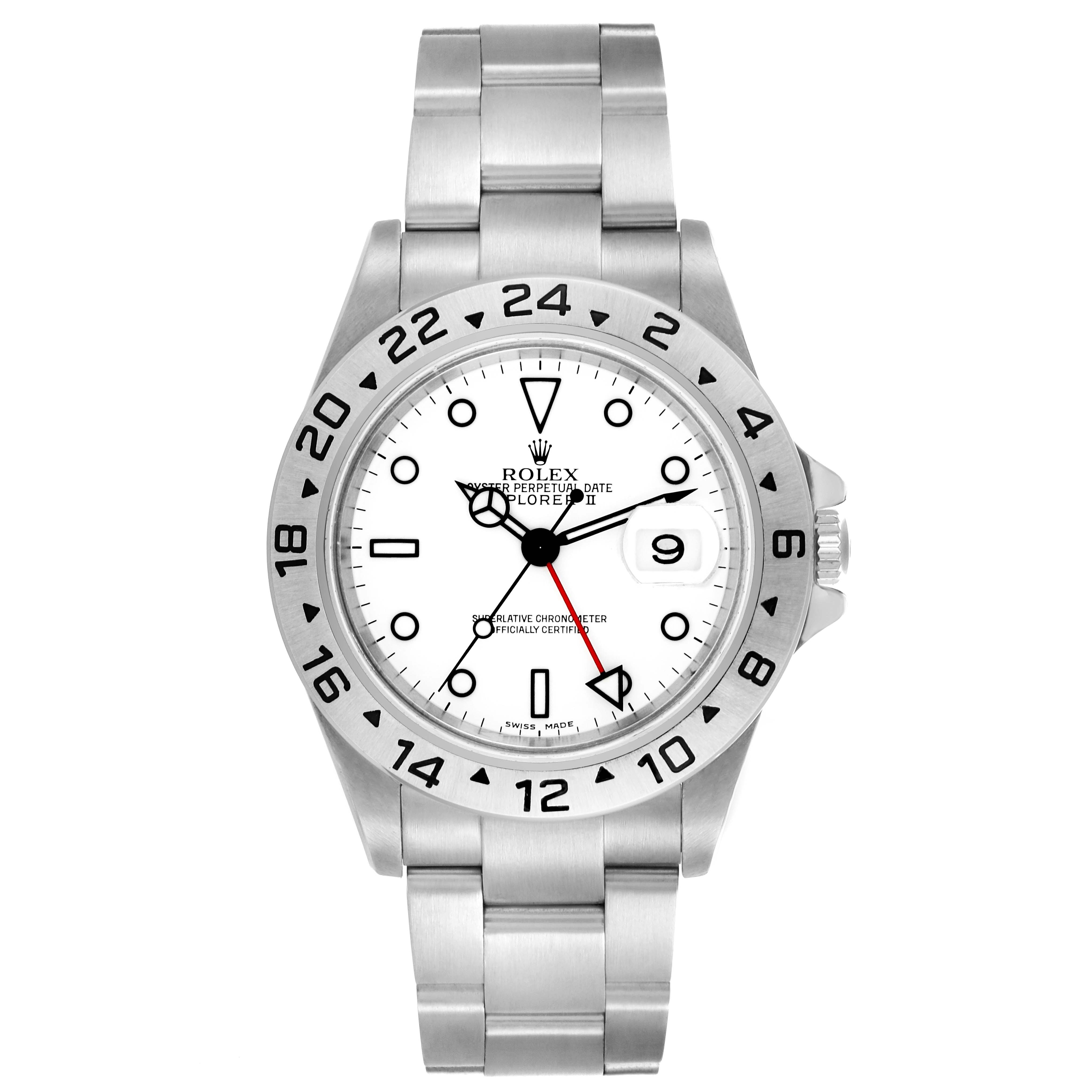 The Rolex Explorer 16570 Men's Stainless Steel White Dial 16570 Men's Stainless Steel White Dial watch is shown from the front, displaying the face, bezel, and bracelet.