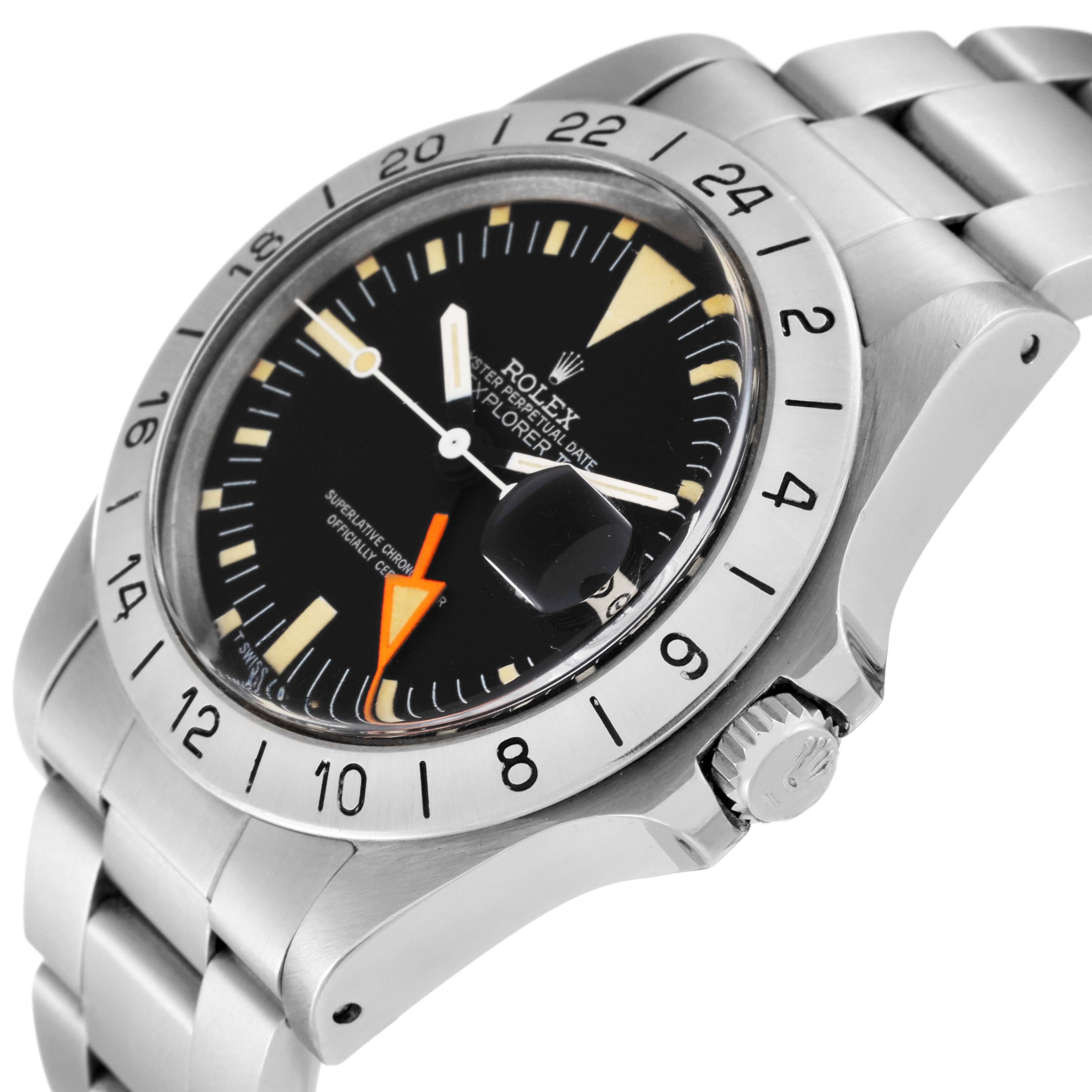 This image shows the Rolex Vintage Collection 1655 Men's Stainless Steel Black Dial 1655 Men's Stainless Steel Black Dial Explorer watch from an angle, displaying its face, bezel, crown, and part of the bracelet.