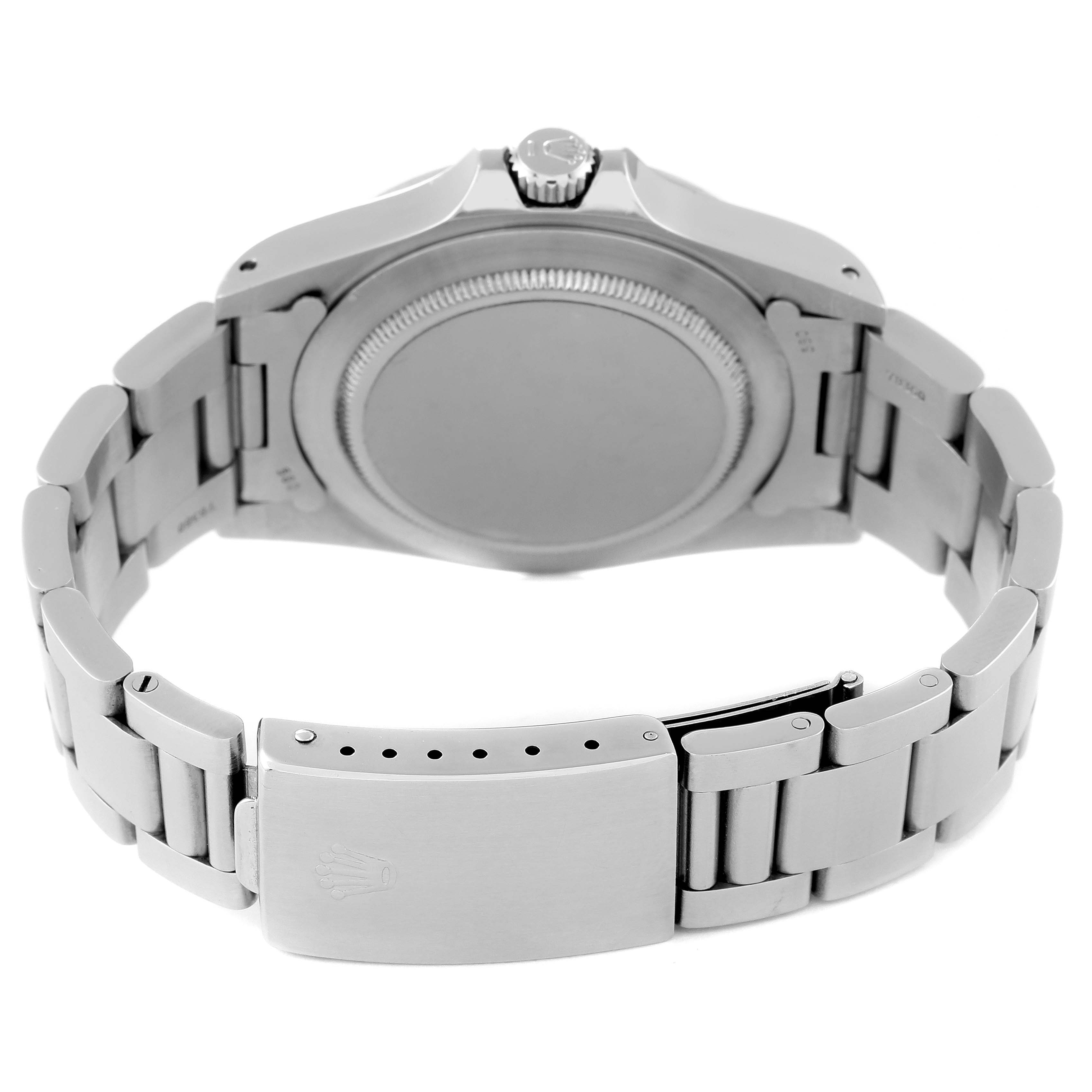 The image shows the back of the Rolex Vintage Collection 1655 Men's Stainless Steel Black Dial 1655 Men's Stainless Steel Black Dial model watch, highlighting its bracelet and clasp.