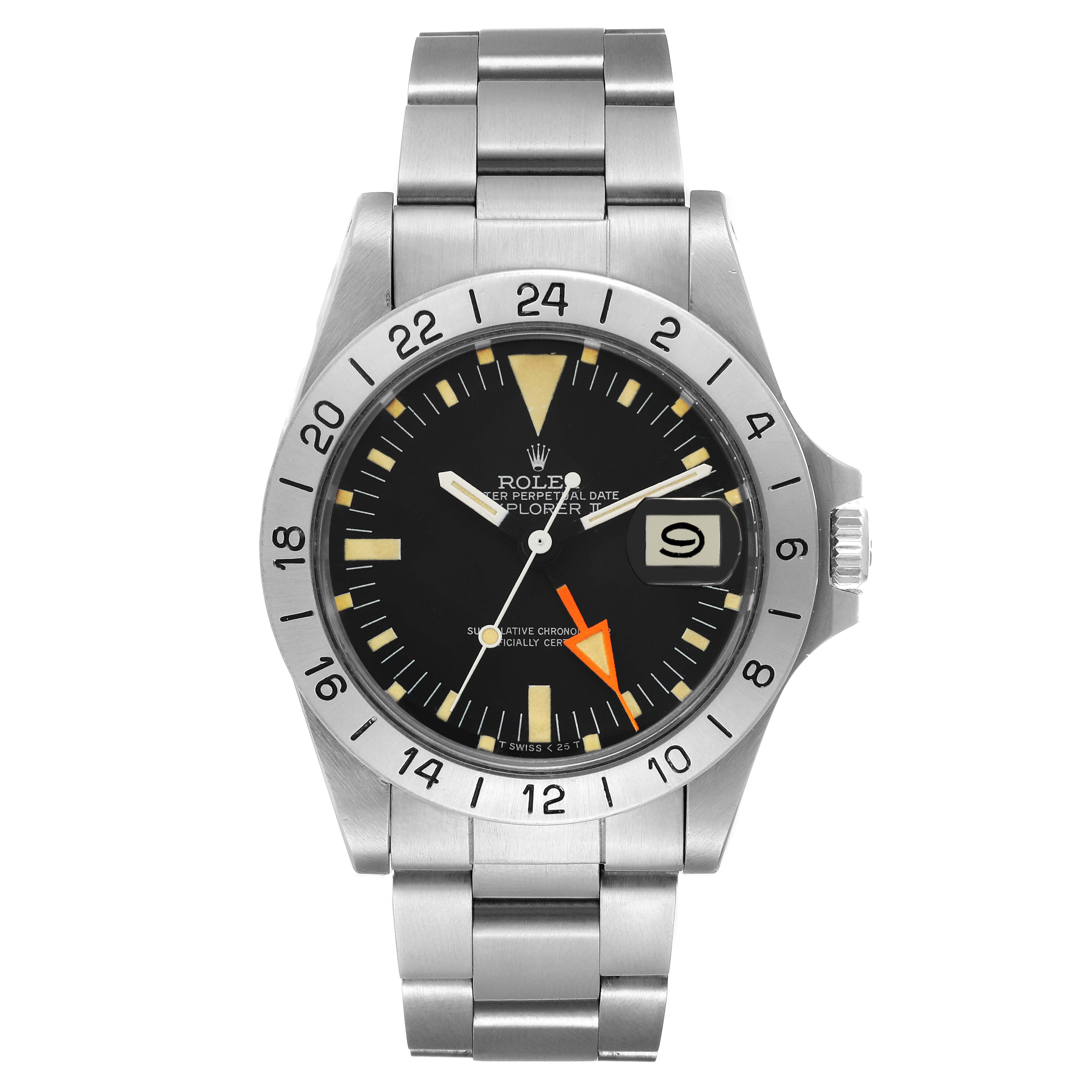 The image shows a front view of the Rolex Vintage Collection 1655 Men's Stainless Steel Black Dial 1655 Men's Stainless Steel Black Dial Explorer watch, displaying its face, bezel, bracelet, and crown.