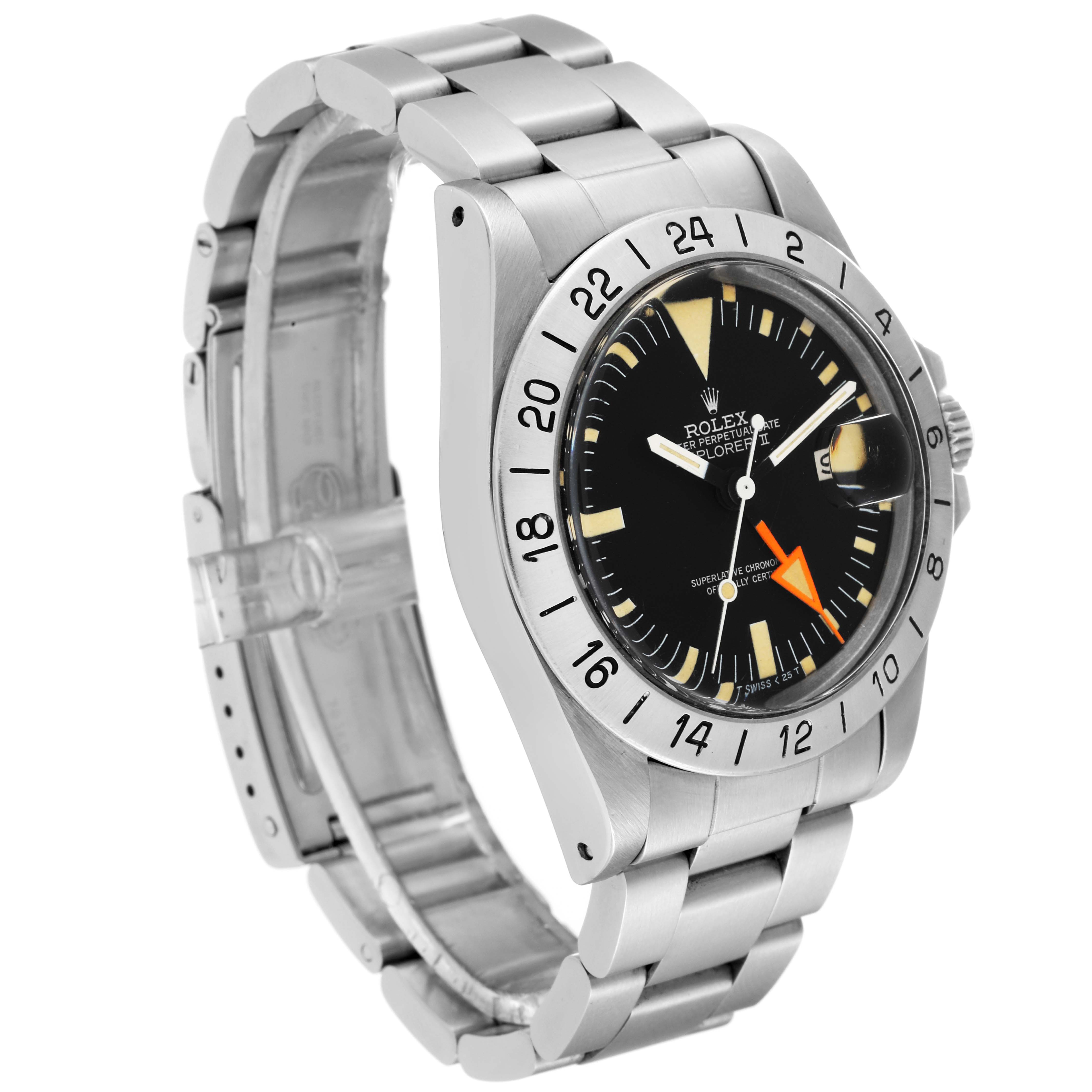 This image shows a side angle of the Rolex Vintage Collection 1655 Men's Stainless Steel Black Dial 1655 Men's Stainless Steel Black Dial watch, highlighting the face, bezel, bracelet, and clasp.