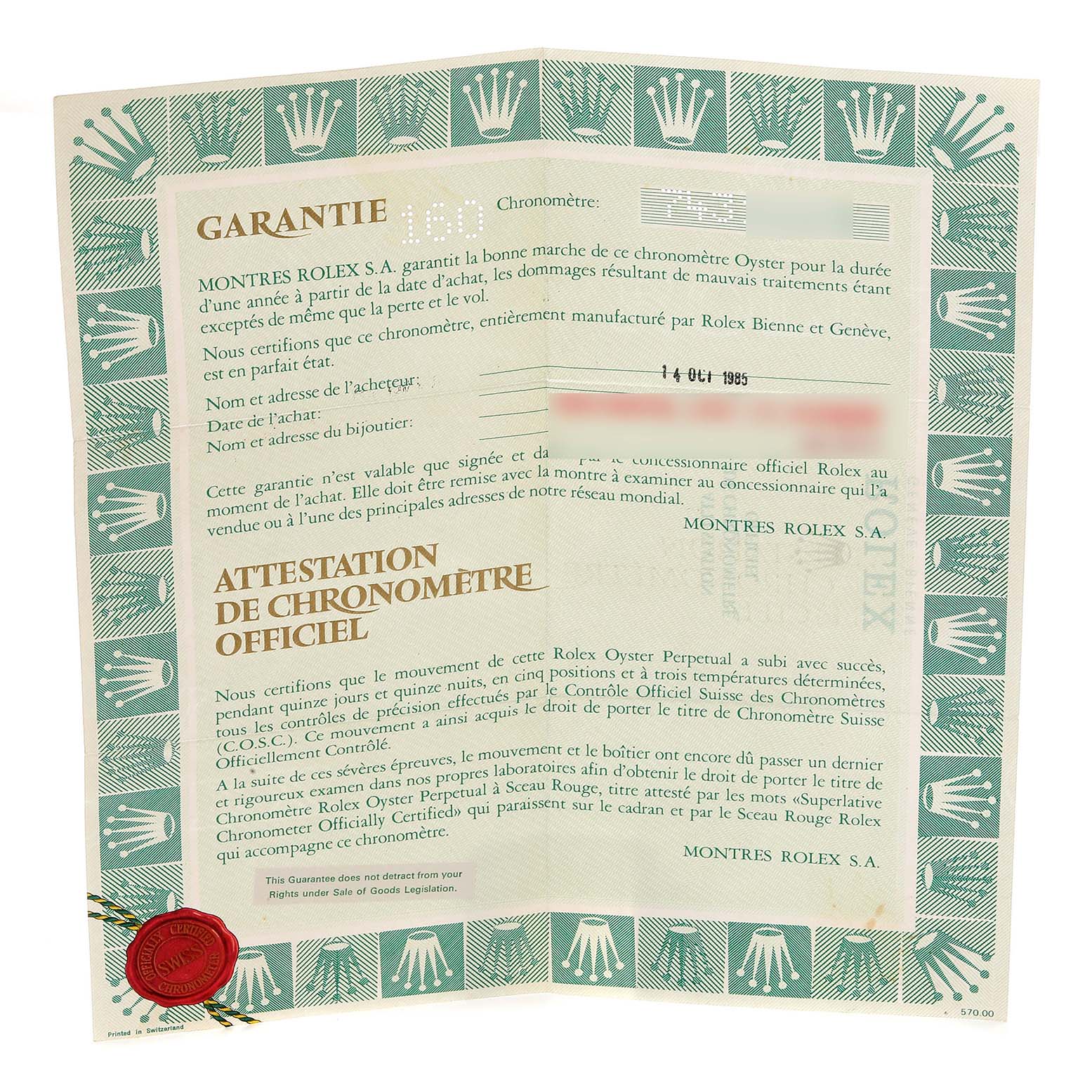 The image shows a front-facing view of the warranty certificate and chronometer certification for a Vintage Collection Rolex watch.