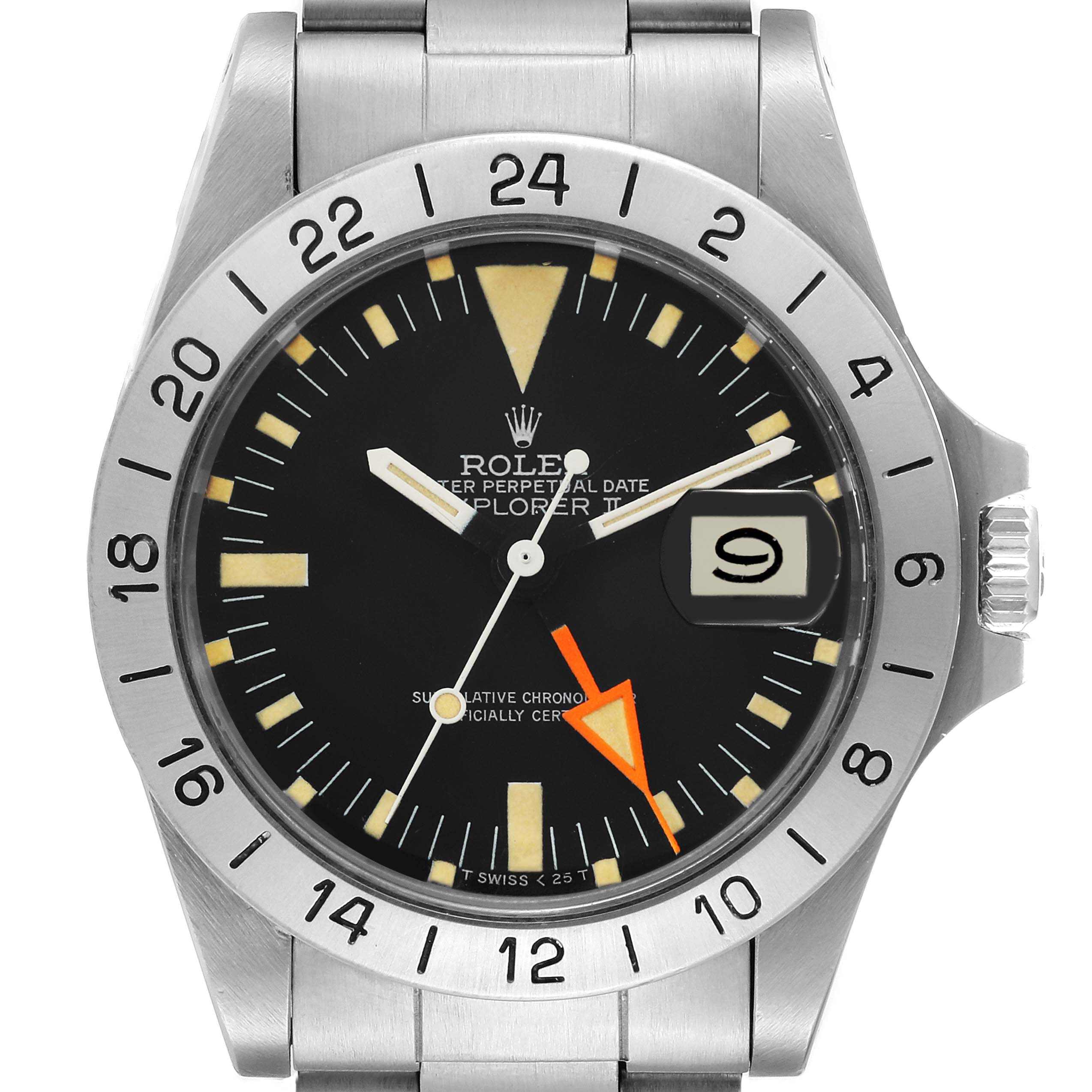 The image is a front view of a Vintage Collection Rolex Explorer showing the face, bezel, hands, and part of the bracelet.