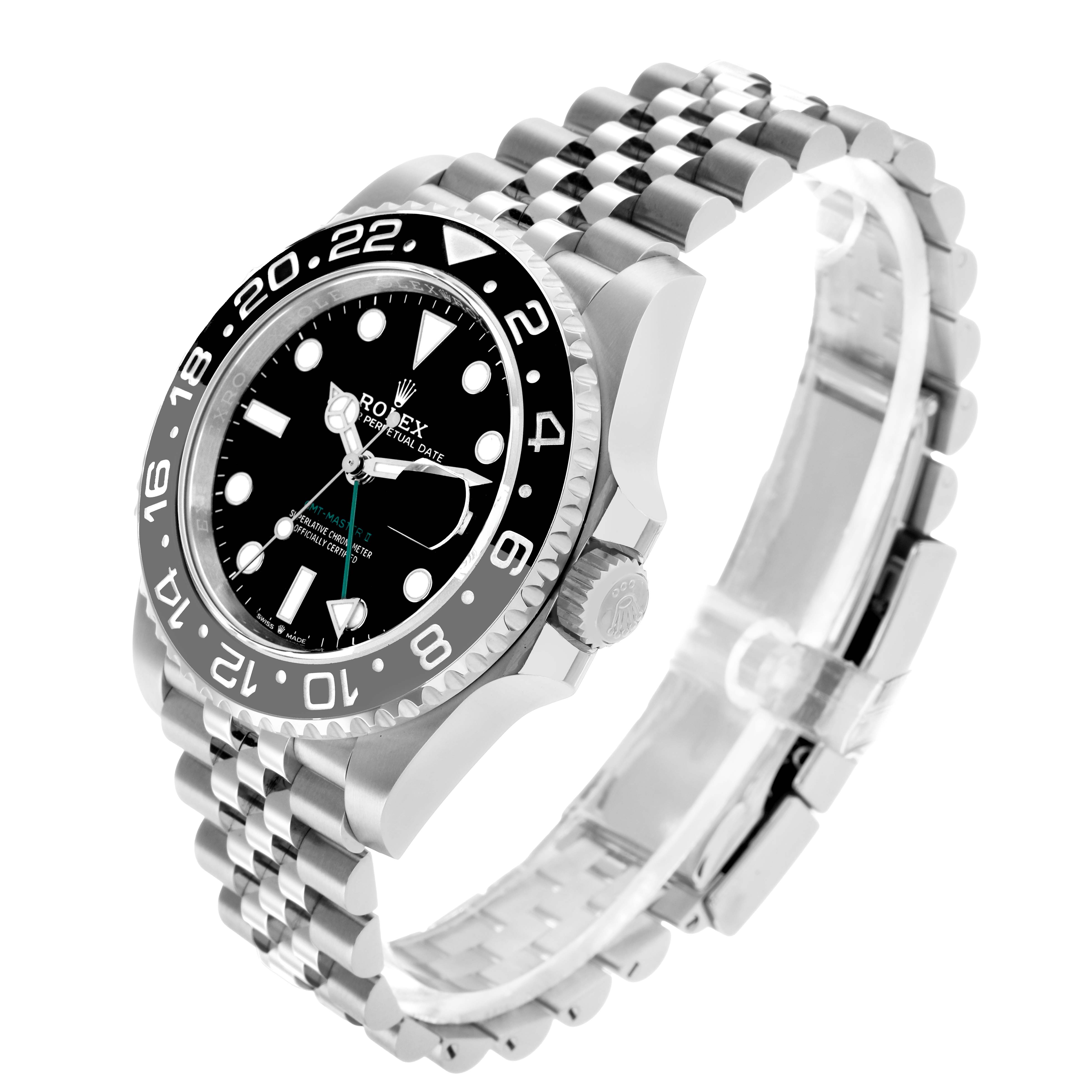 The Rolex GMT-Master 126710 Men
s Stainless Steel Black Dial watch is shown at a three-quarter view highlighting the face, bezel, crown, and bracelet.