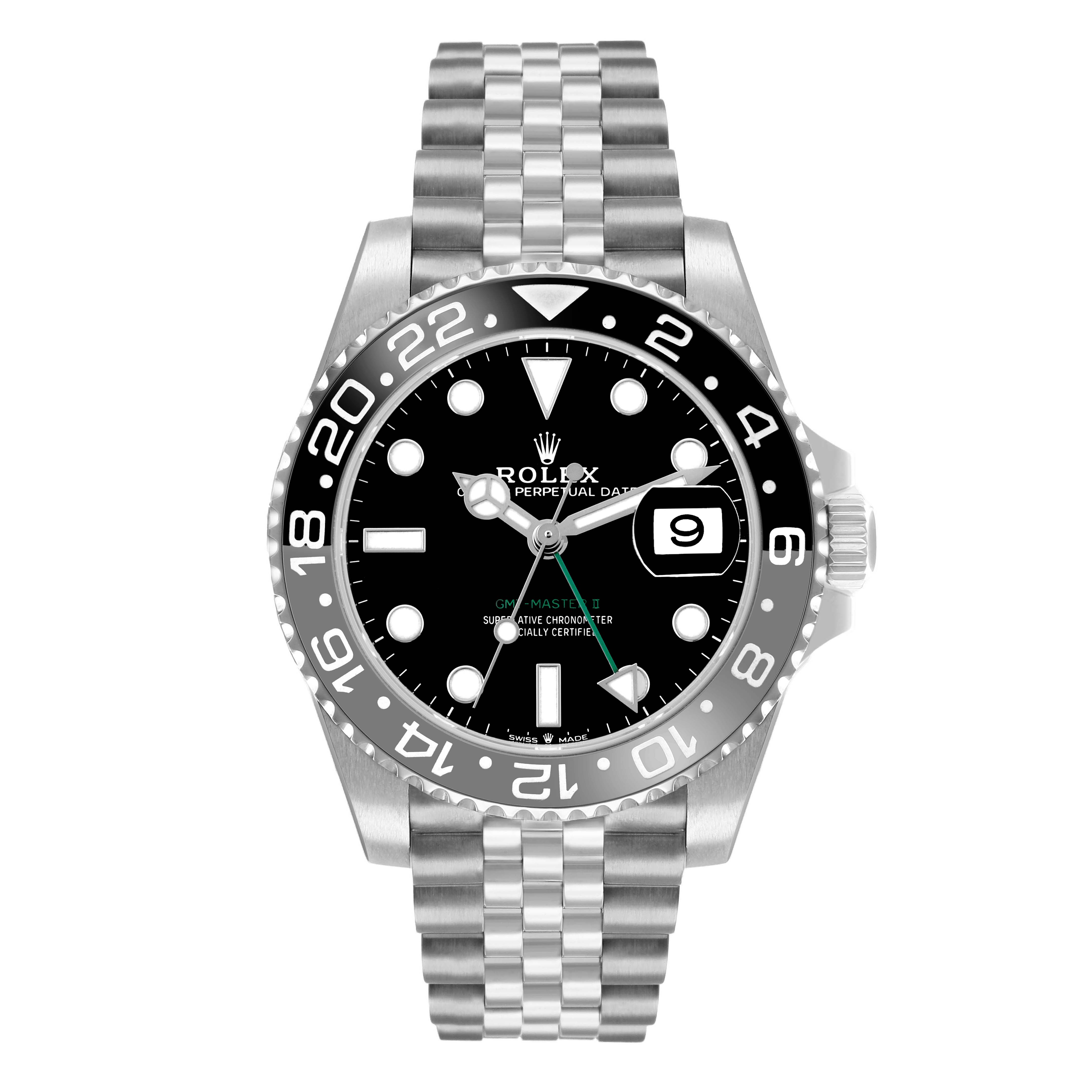 The Rolex GMT-Master 126710 Men
s Stainless Steel Black Dial watch is shown from the front, featuring its bezel, dial, hands, date magnifier, and Jubilee bracelet.
