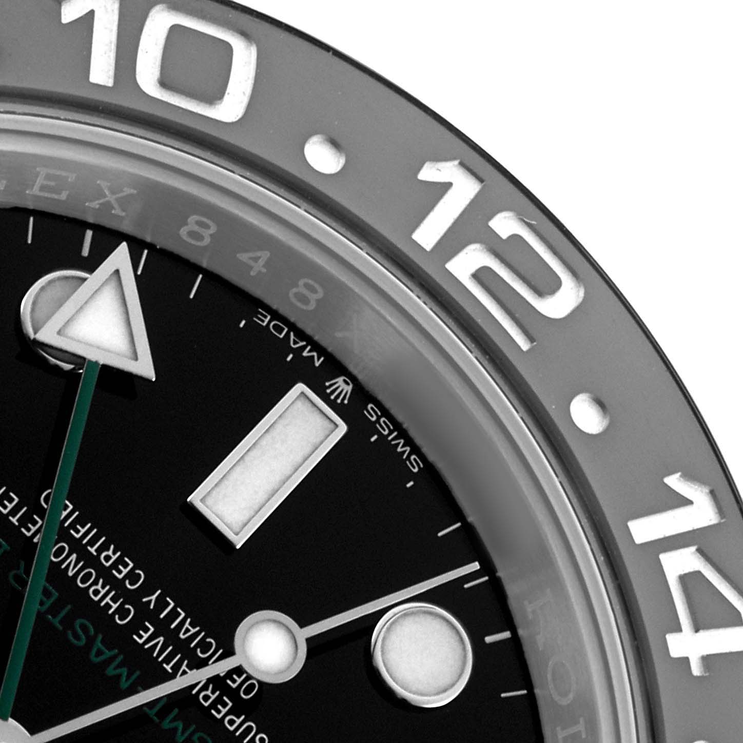 The image shows a close-up of the Rolex GMT-Master 126710 Men
s Stainless Steel Black Dial
s bezel, dial, hour markers, and hands at an angled view.