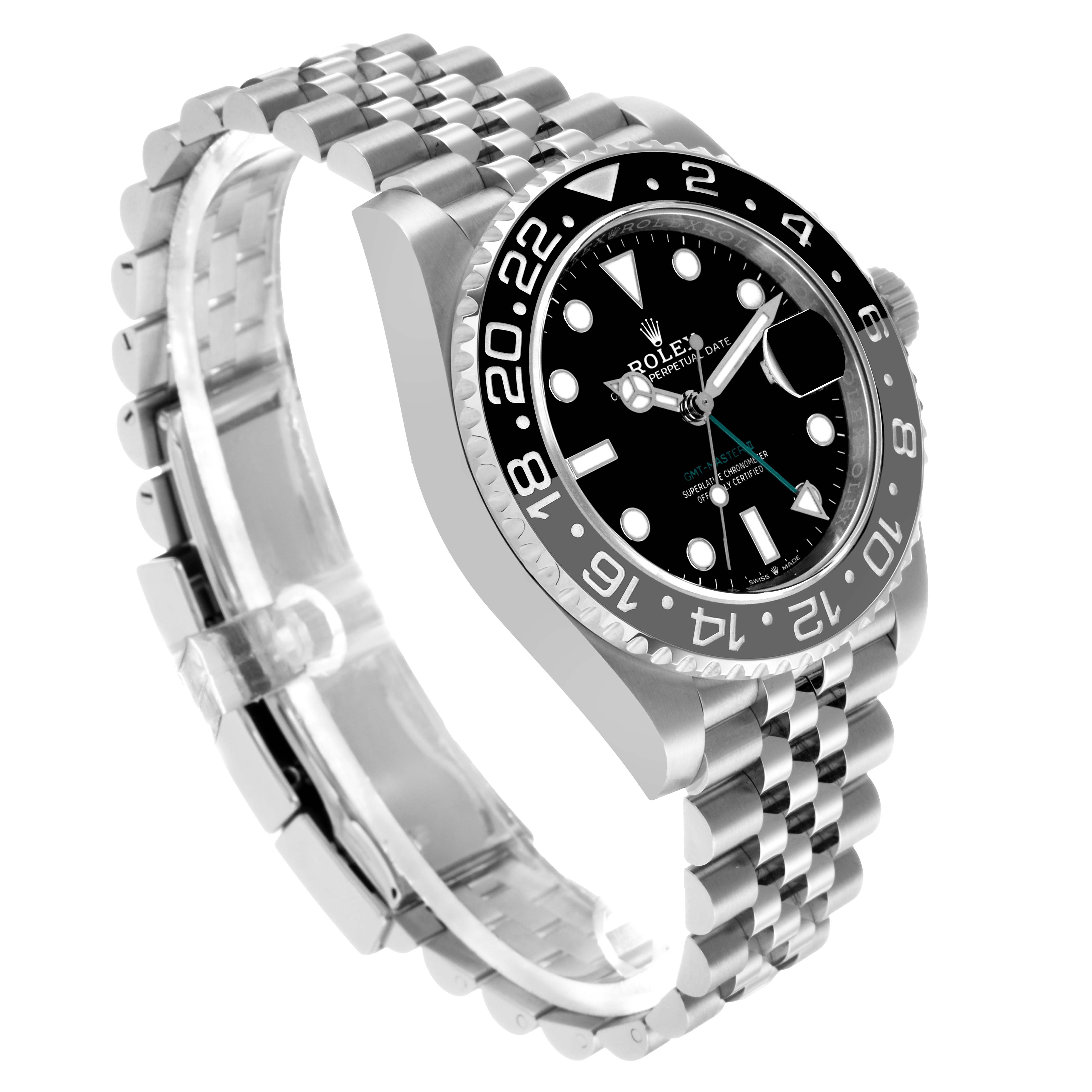 The Rolex GMT-Master 126710 Men
s Stainless Steel Black Dial watch is shown at a 3/4 angle, displaying the bezel, dial, crown, and Jubilee bracelet.