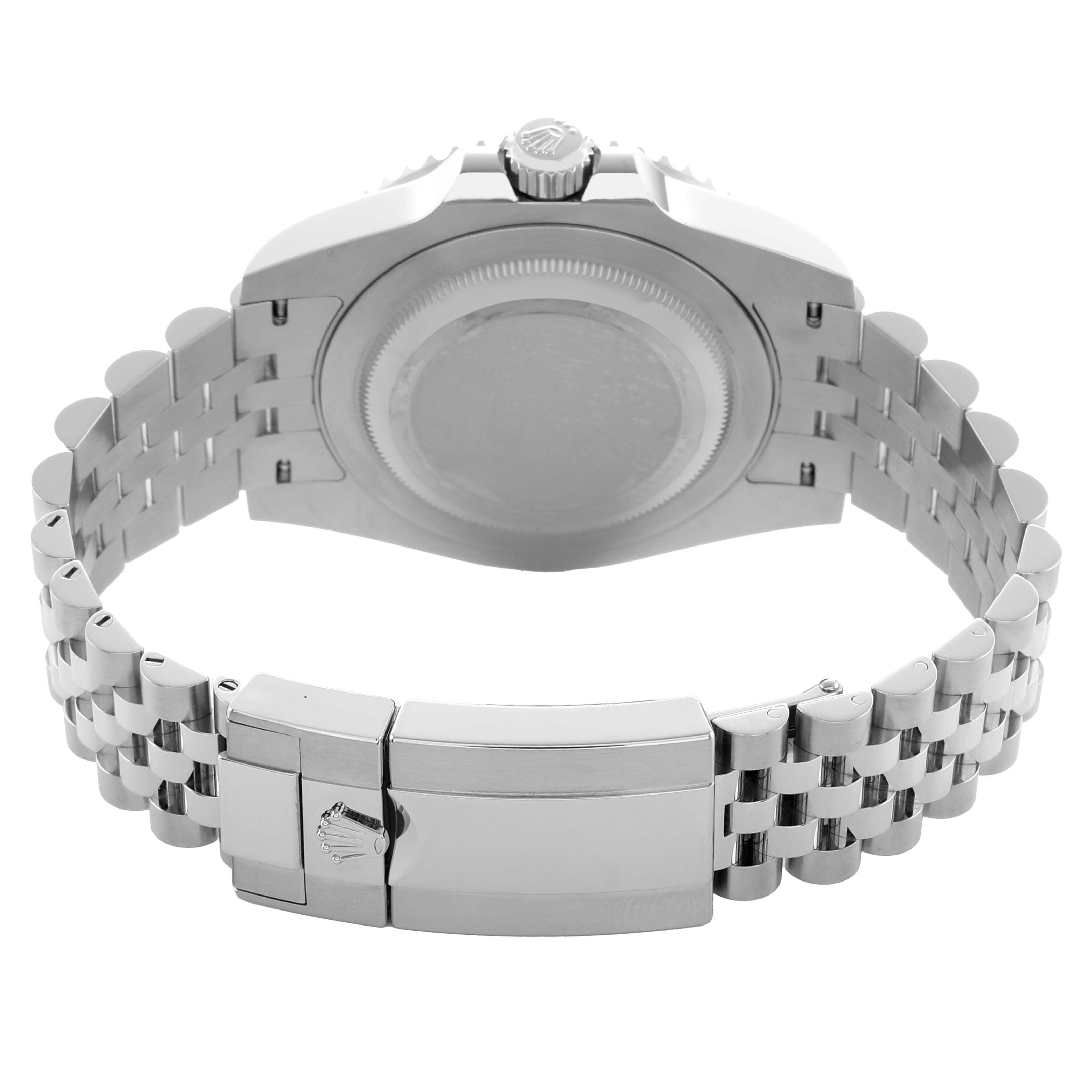 The image shows the back of a Rolex GMT-Master 126710 Men
s Stainless Steel Black Dial watch, highlighting the case back, bracelet, and clasp.