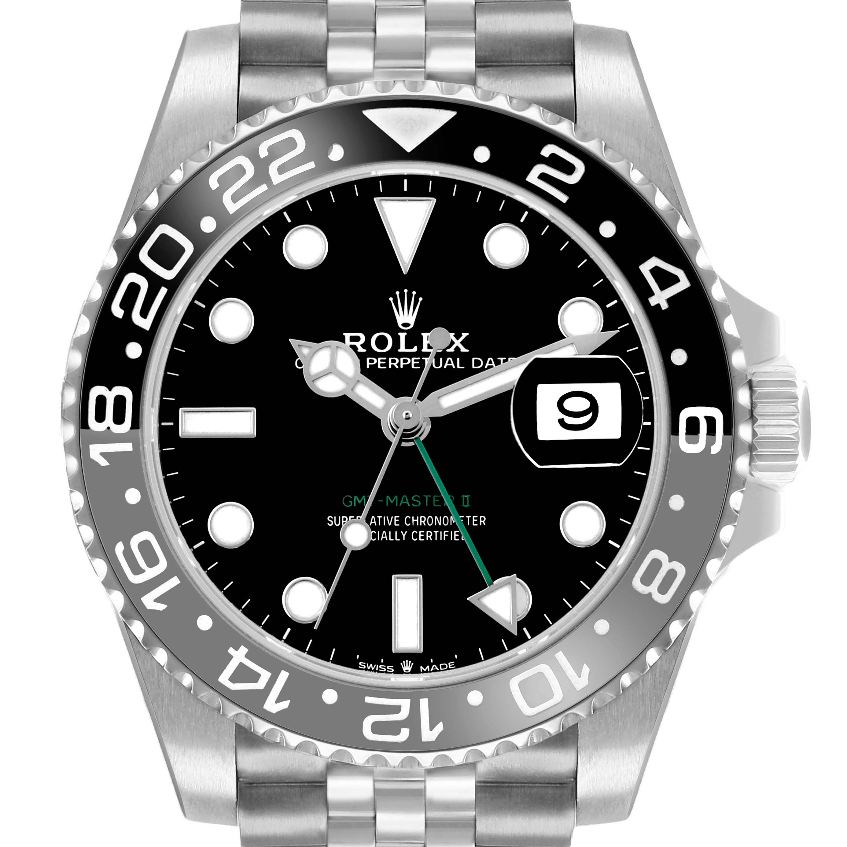 The Rolex GMT-Master 126710 Men
s Stainless Steel Black Dial II watch is shown from a top-down angle, displaying the face, bezel, and part of the bracelet.