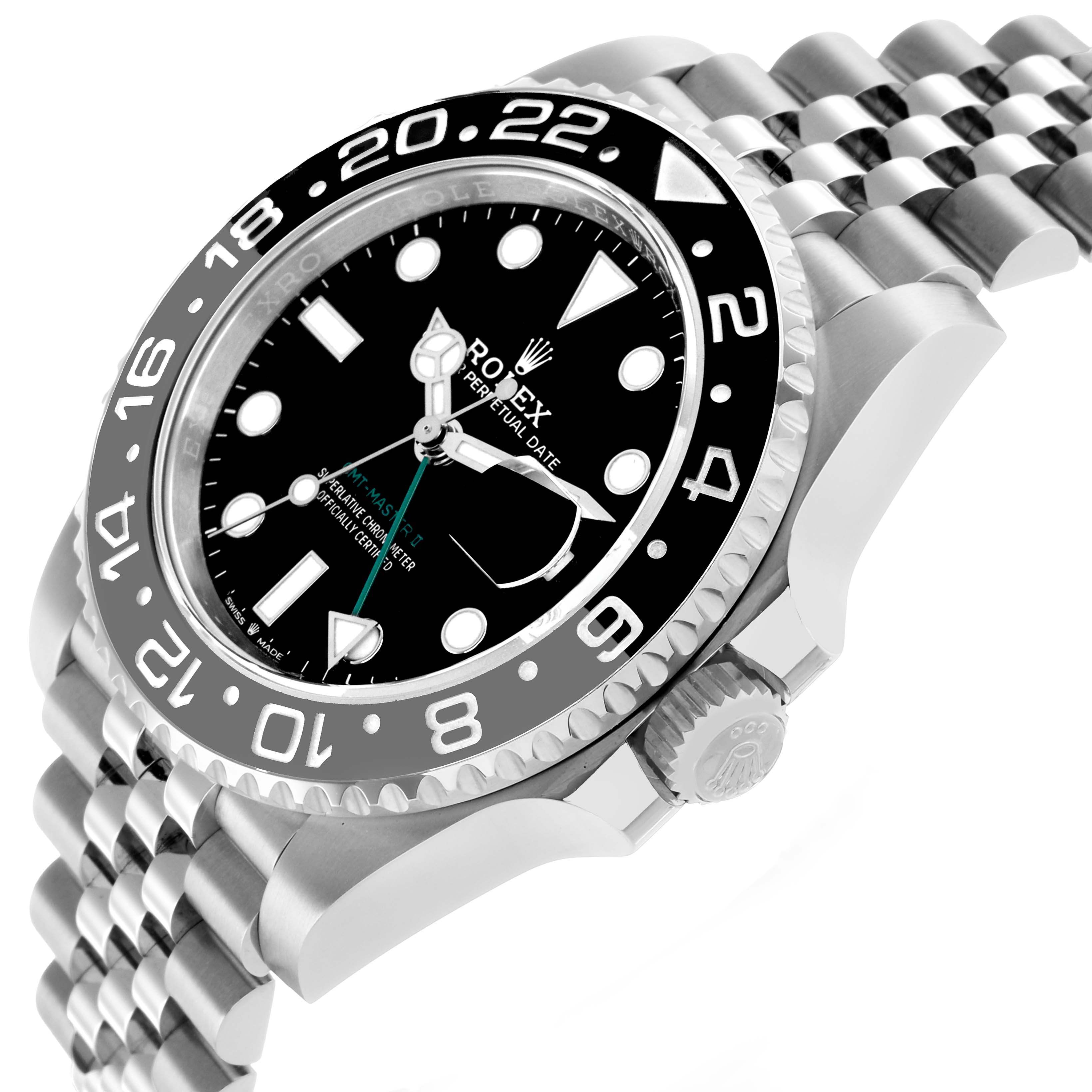 The Rolex GMT-Master 126710 Men
s Stainless Steel Black Dial watch is shown from a front-side angle, highlighting the bezel, crown, and jubilee bracelet.