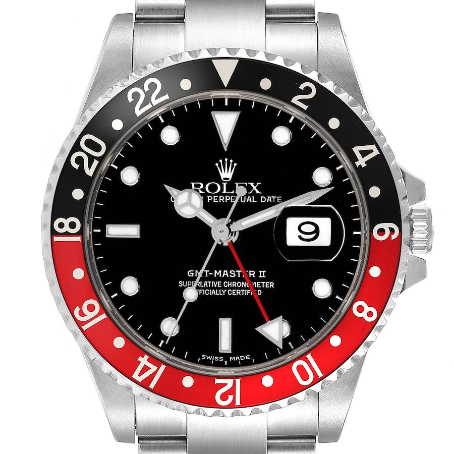 The Rolex GMT-Master model is shown from a front angle, displaying the bezel, dial, and part of the bracelet.