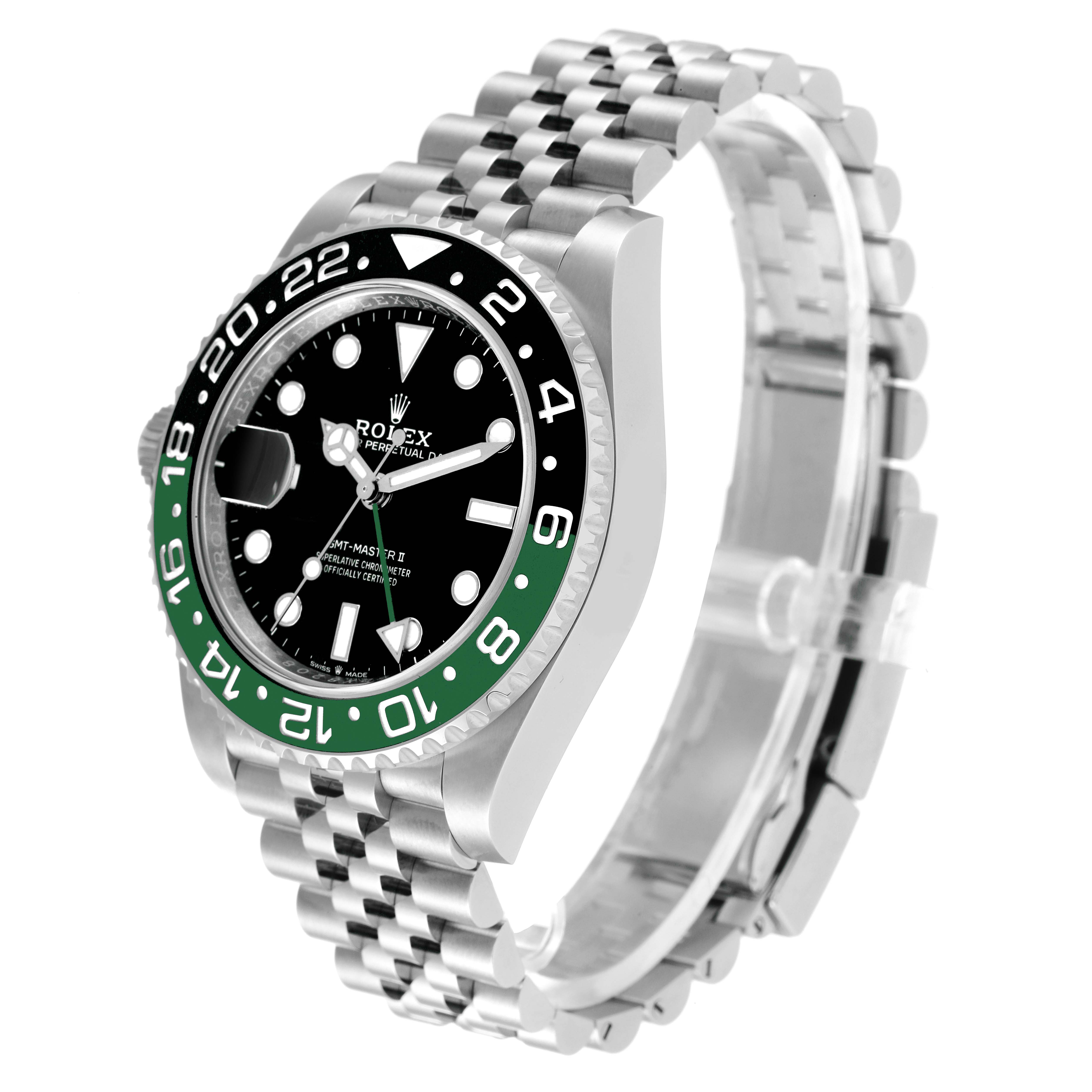 This image shows a Rolex GMT-Master 126720VTNR-0001 Men
s Stainless Steel Black Dial 126720VTNR-0001 Men
s Stainless Steel Black Dial watch angled from the front-left, highlighting the face, bezel, and bracelet.