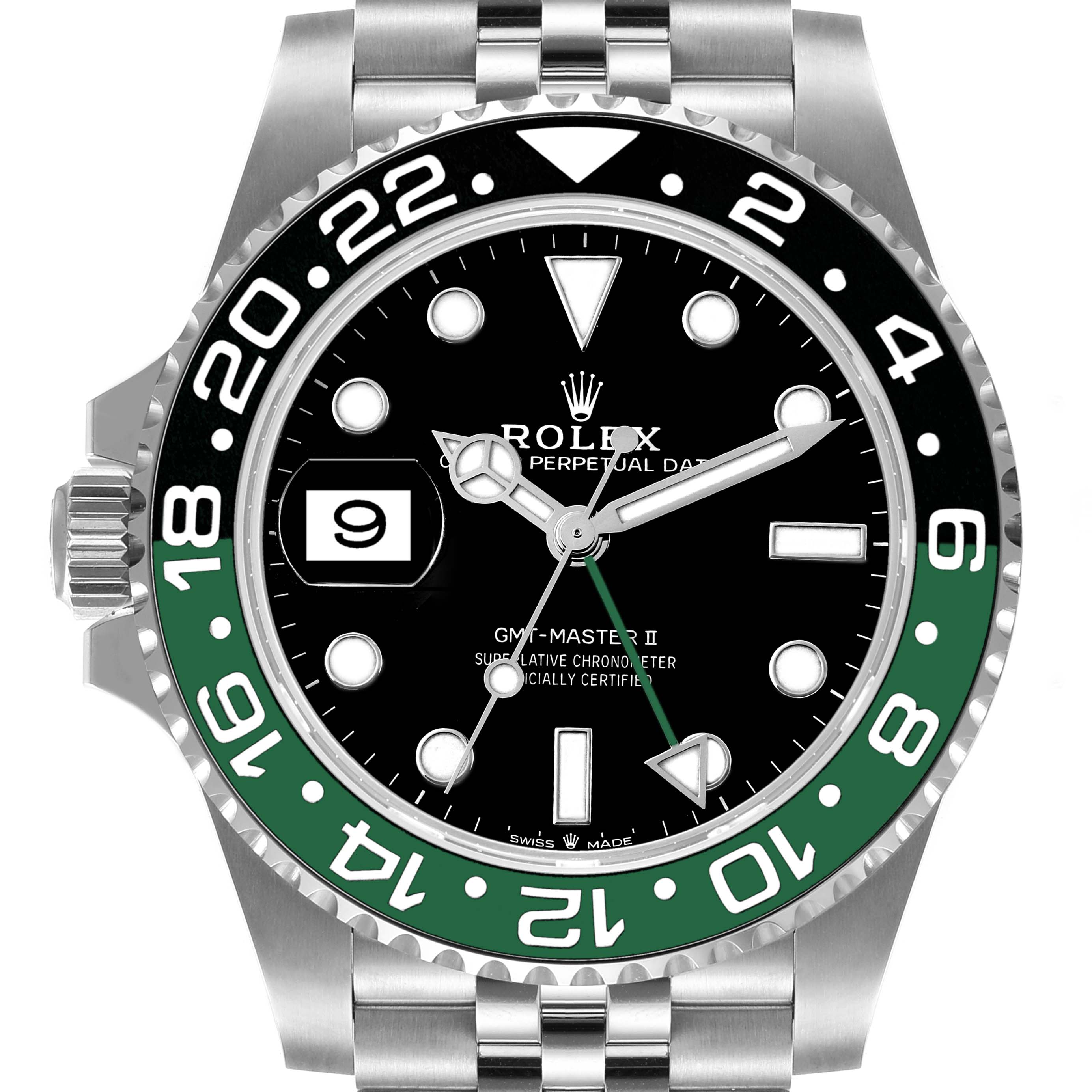 The image shows a frontal view of a Rolex GMT-Master 126720VTNR-0001 Men
s Stainless Steel Black Dial 126720VTNR-0001 Men
s Stainless Steel Black Dial II watch, highlighting the bezel, dial, and part of the bracelet.
