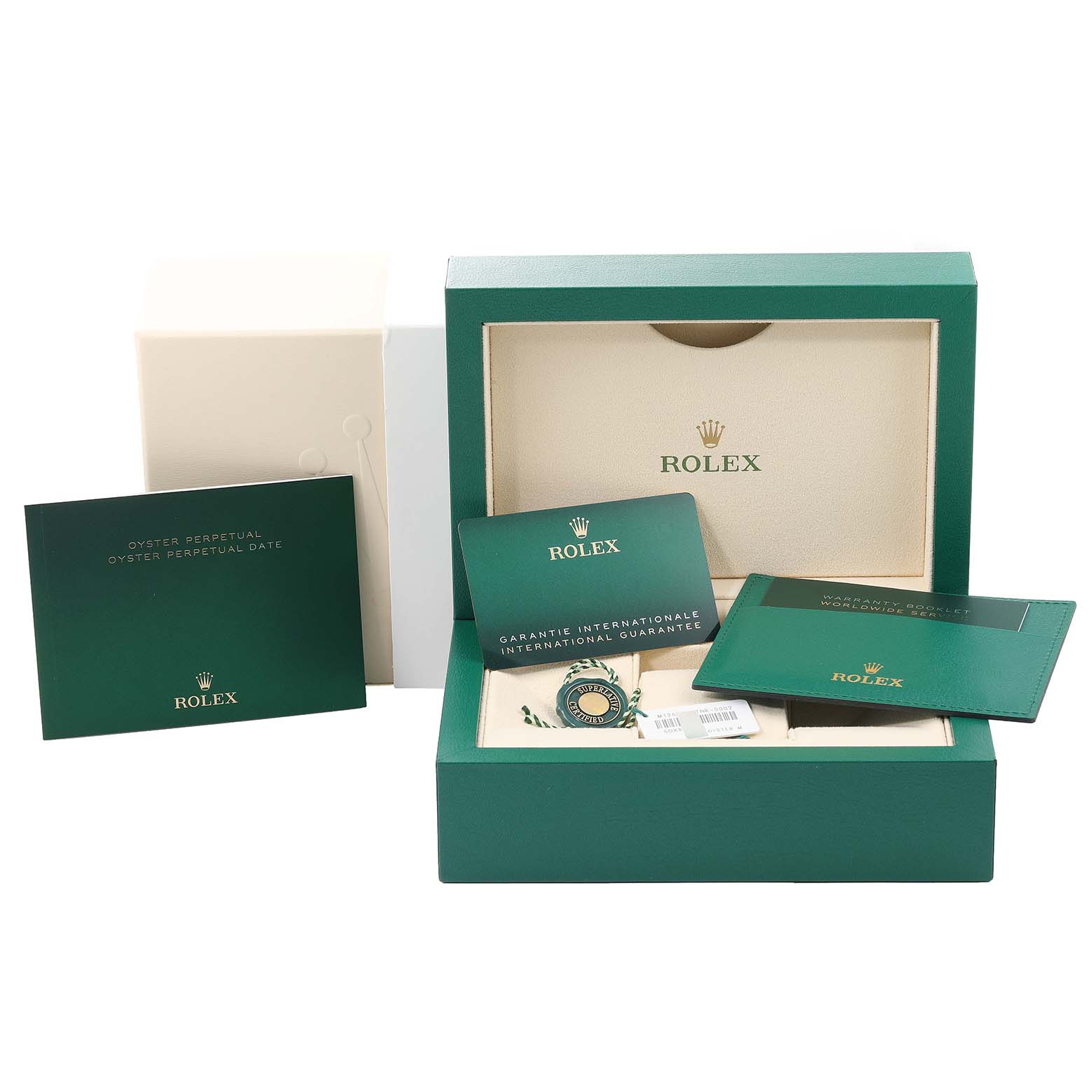 The image shows the packaging and accessories for a Rolex GMT-Master 126720VTNR-0001 Men
s Stainless Steel Black Dial 126720VTNR-0001 Men
s Stainless Steel Black Dial watch, including booklets, a warranty card, and a green box.