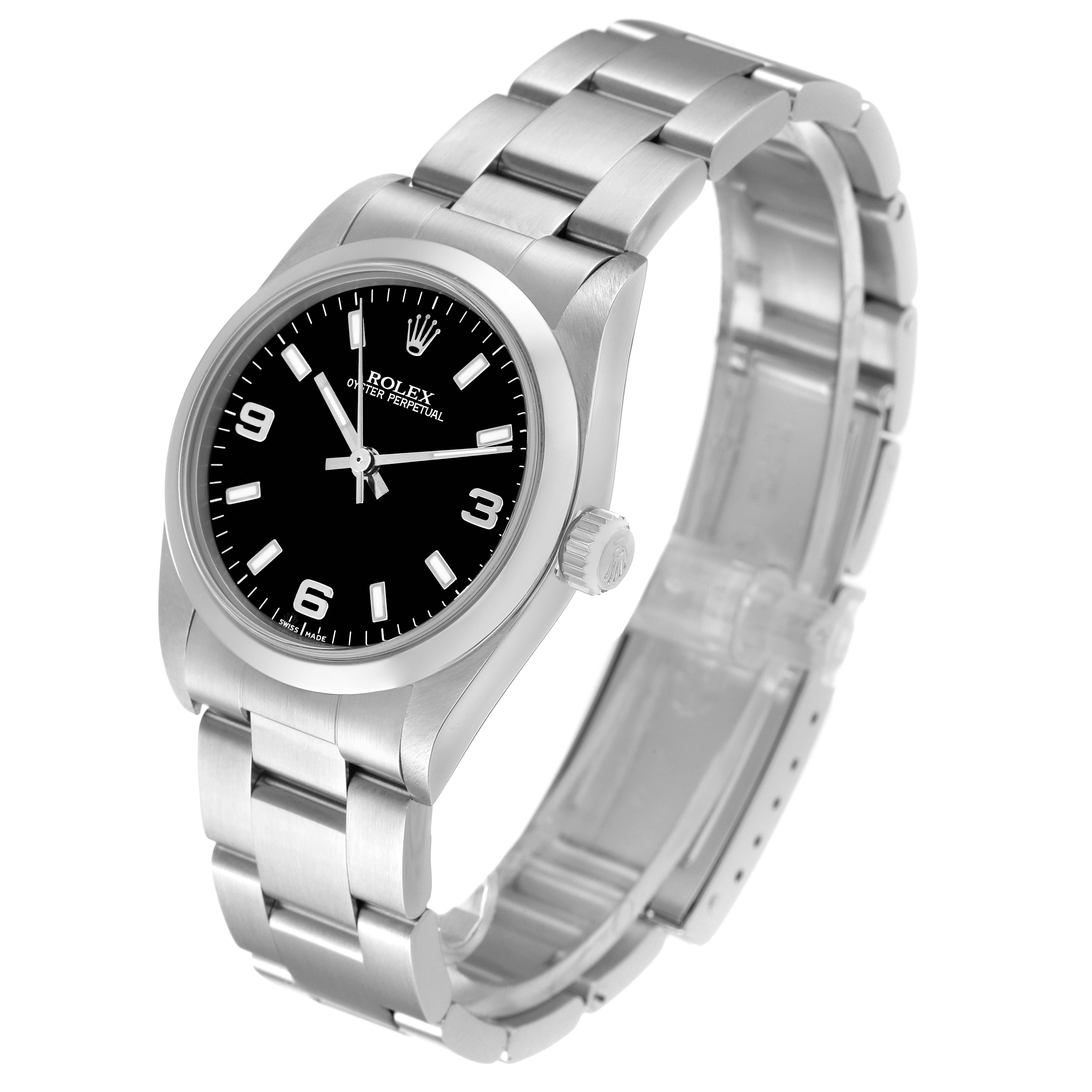 The image shows a Rolex Mid-Size 77080 Women
s Stainless Steel Black Dial 77080 Women
s Stainless Steel Black Dial Oyster Perpetual watch with a stainless steel bracelet, black dial, and partially visible clasp.